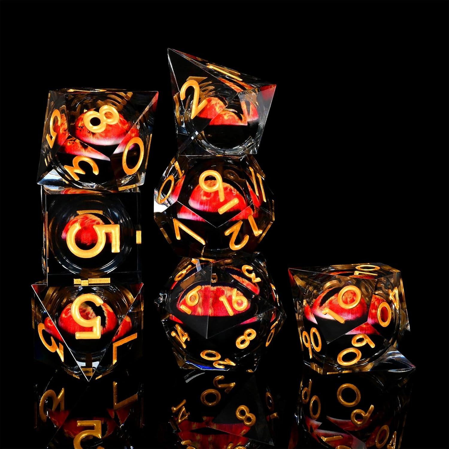 GiGiGuGu DND Dice Set – Dragon Eye Liquid Core Sharp Edge Resin Dice Set 7pcs with Metal Gift Box for Role Playing Games (Flame – Red)