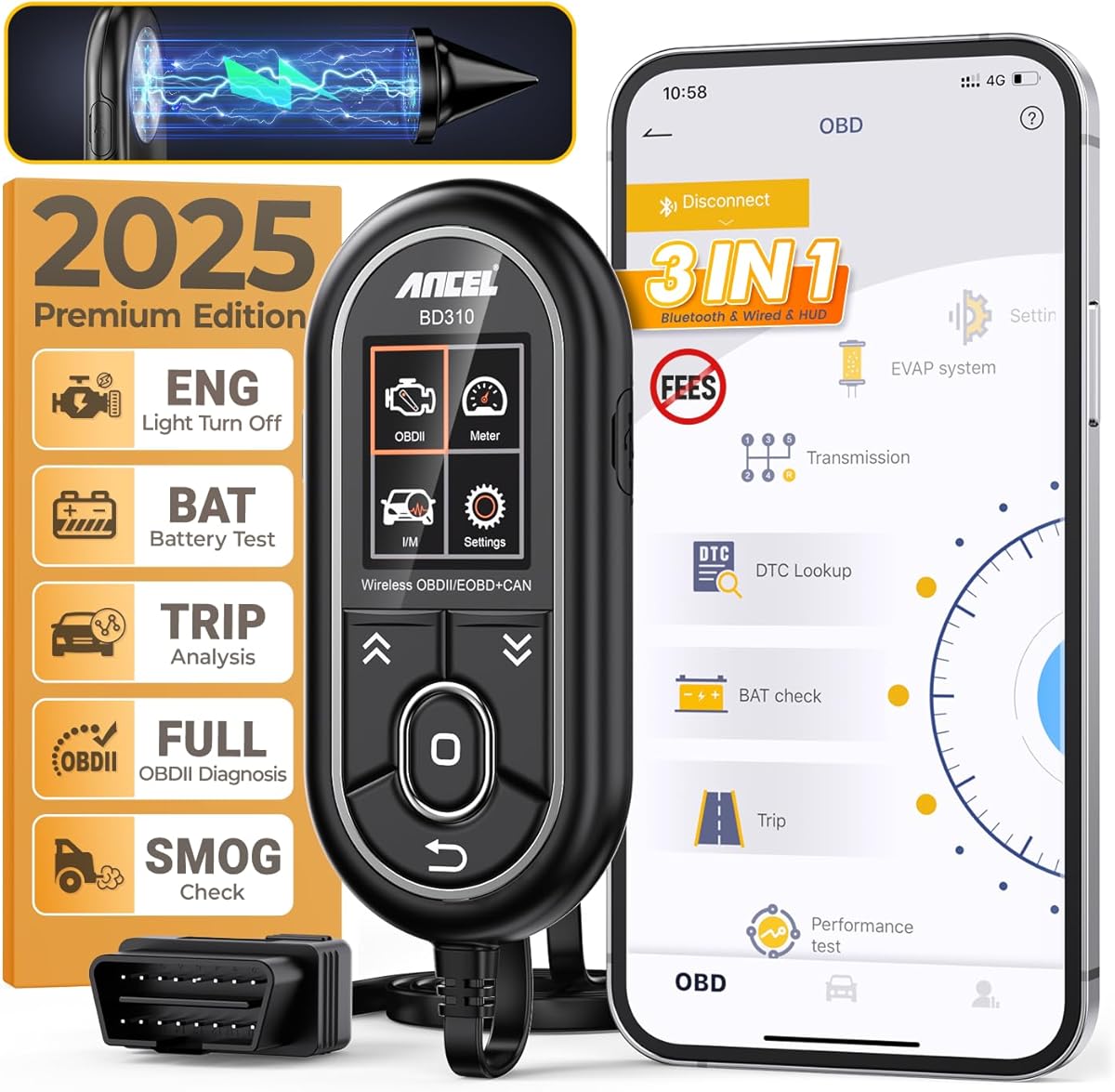 ANCEL BD310 OBD2 Scanner & Engine Code Reader - Advanced Battery Test, Trip Analysis, Performance Test, Bluetooth Diagnostic Tool for Android & iPhone - Works for All 1996+ Vehicles : Automotive
