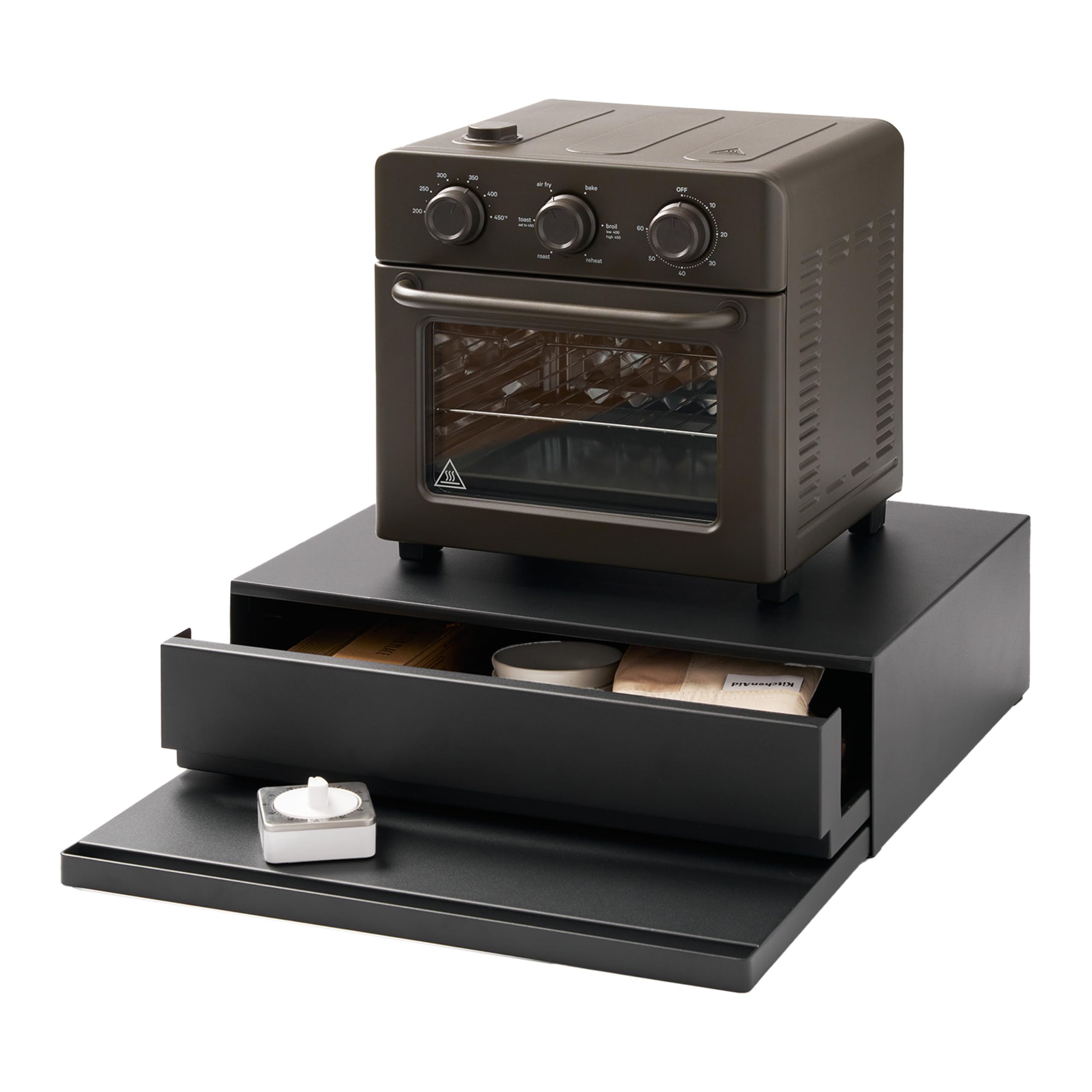 Yamazaki 2008 TOWER Sliding Countertop Tray With Drawer, Black, Steel/Polypropylene/Silicone, Minimalist Design, 45 x 39.3～64 x 13.5 cm (LxWxH)