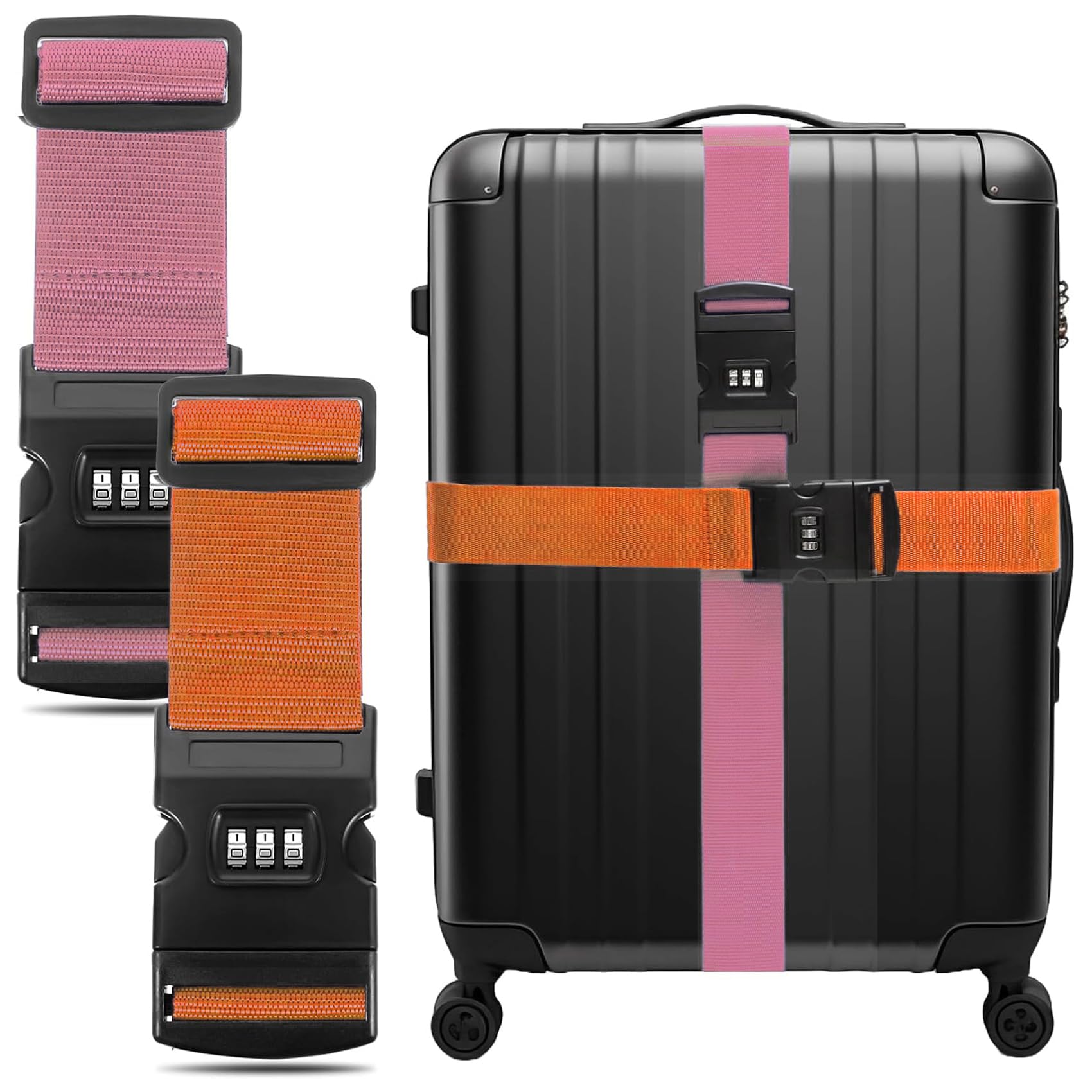 liuchanghe Koffergurt 2 Stück, Verstellbare Kofferband mit Schloss, kofferband Gurt mit Adressschild, für Schnell erkennen Gepäck Reisetasche Koffer (Orange & Pink)