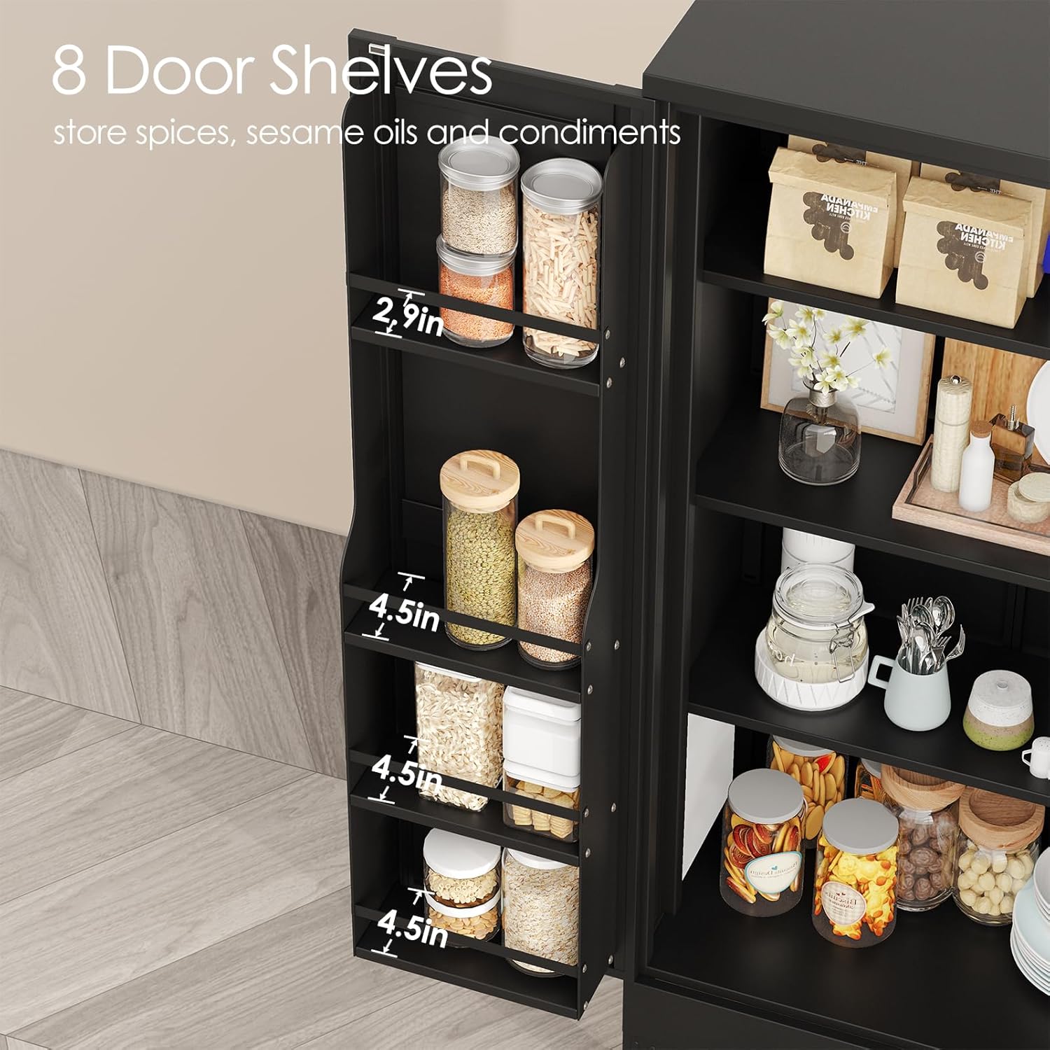 51'' in Kitchen Pantry Storage Cabinet,Freestanding Pantry Cabinet with Doors & Adjustable Shelves, Small Food Pantry Cabinet for Kitchen,Dining Room Craft Room (Black)