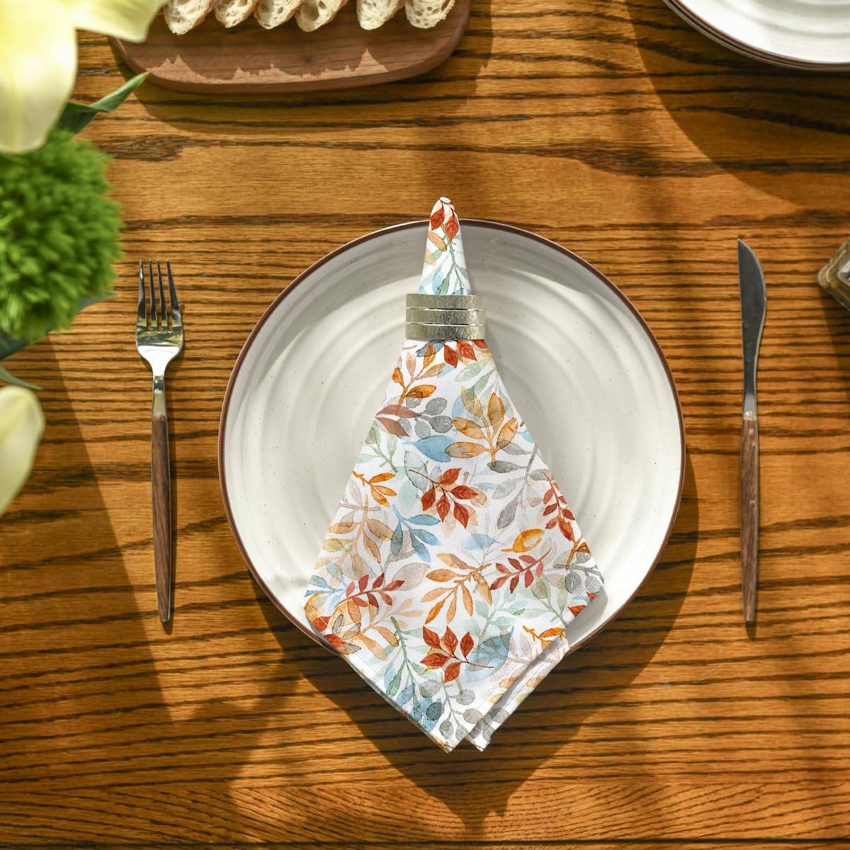 Horaldaily Fall Cloth Napkins, Orange Blue Watercolor Leaf Napkins Set of 4
