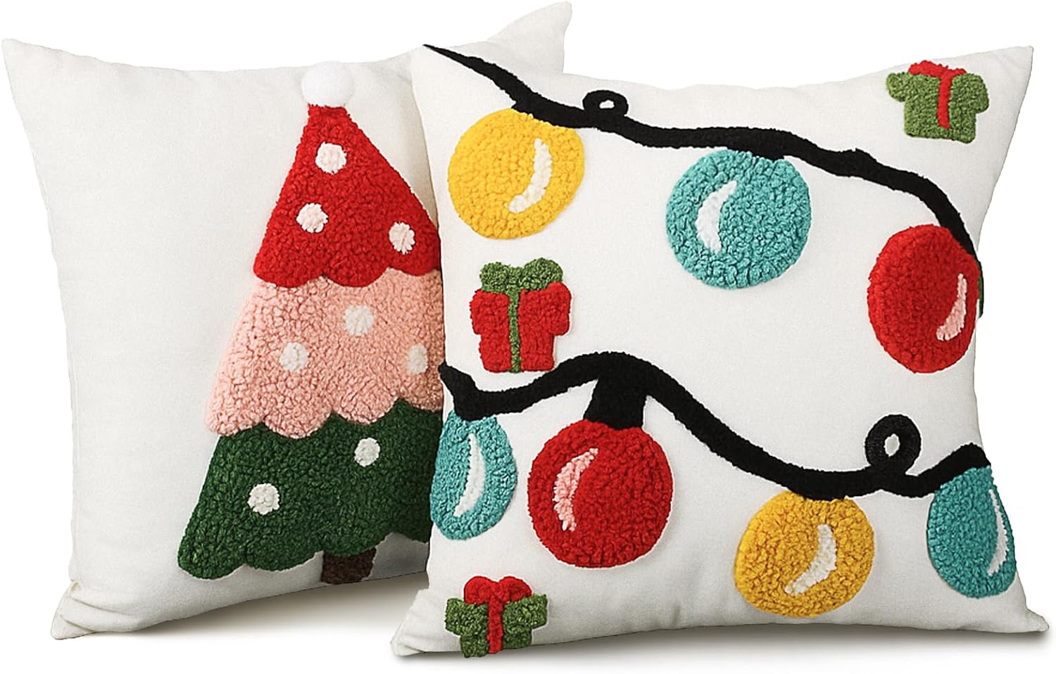 Beeveer 2pcs 3D Christmas Throw Pillow Cover 18 x 18 Inch Embroidered Christmas Tree Pillow Covers Colorful Lantern Jacquard Cushion Case Xmas Party Decors for Sofa Couch Bedroom Gift