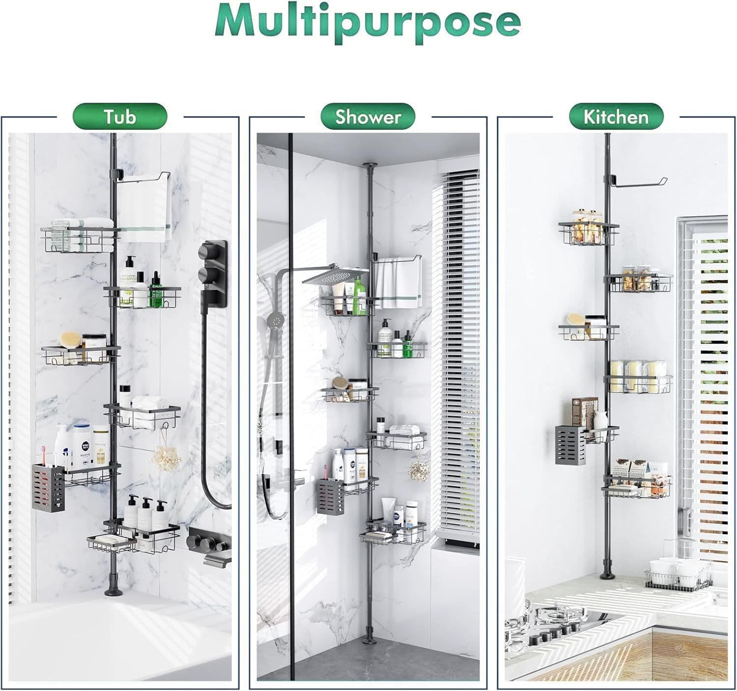 Shower Caddy Corner Organizer Tension Pole Adjustable 30-120 Inches Corner Shelf with Towel Rack, Toothbrush Holder, Soap Dish for Bathroom Organizers and Storage