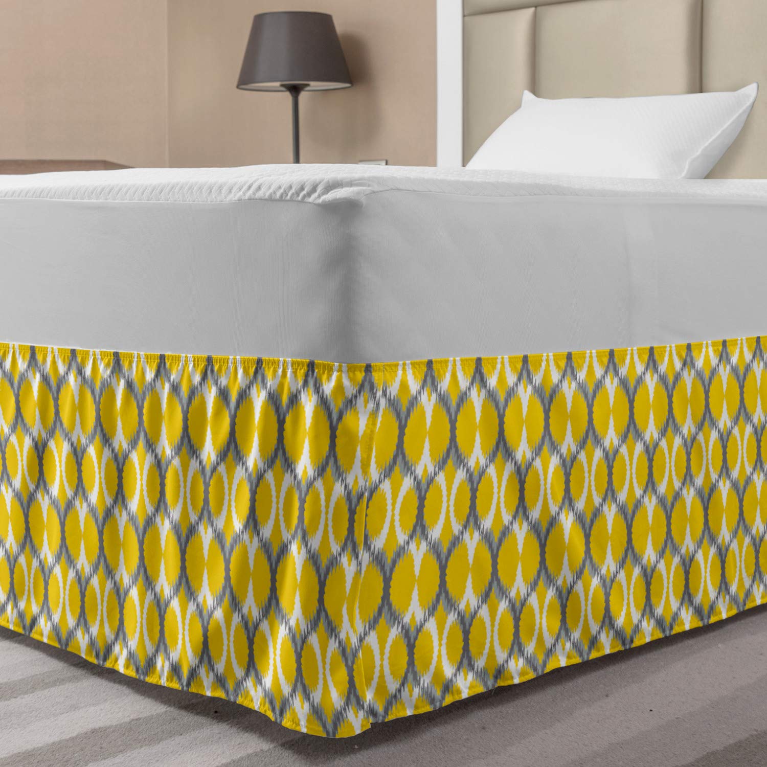 Lunarable Ikat Bedskirt Design Traditional Style Ikat Patterns Indonesian Cloud Print Bedroom Decor Wrap Around Elastic Bed Skirt
