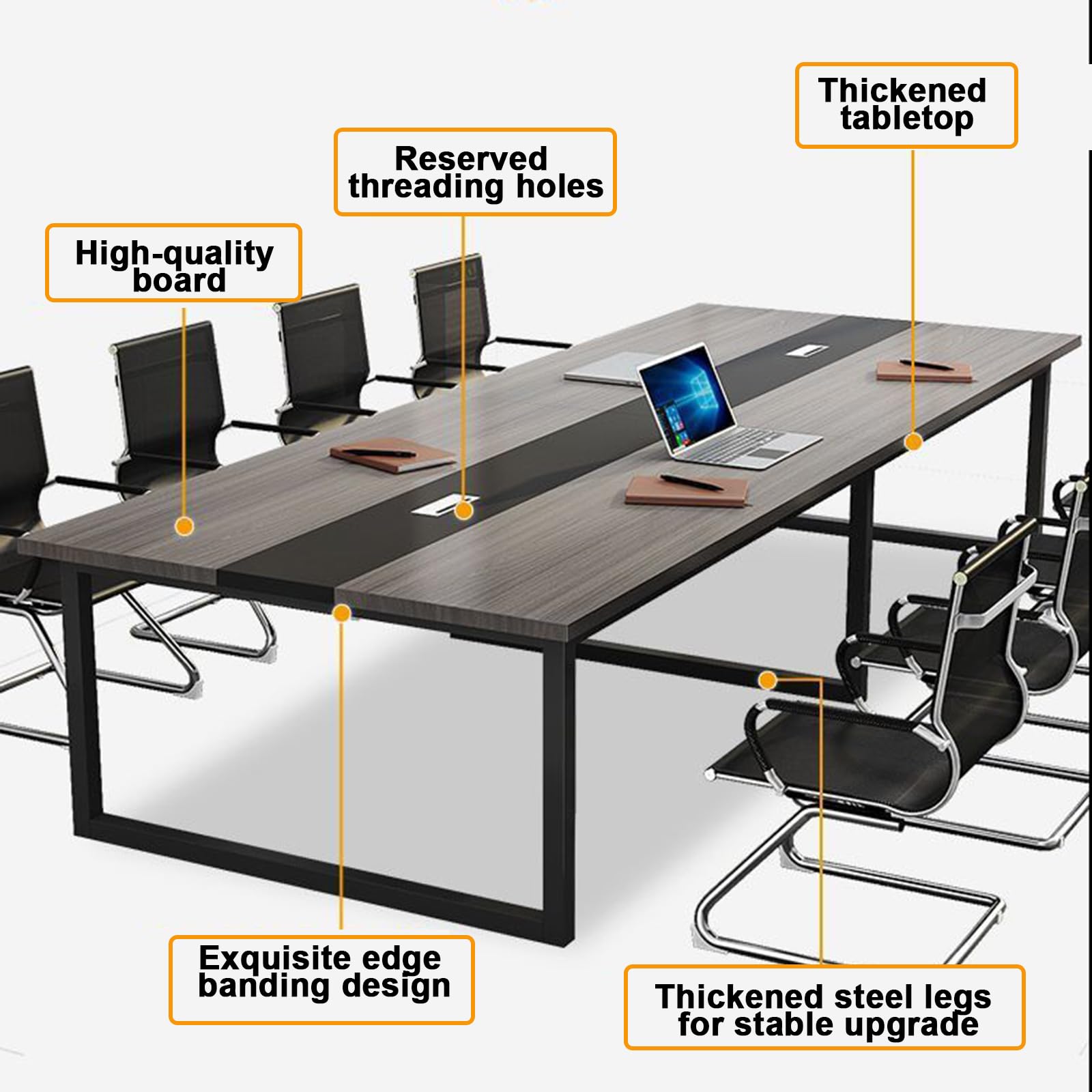 Tavolo da Conferenza, Tavolo da Riunione Moderno per Seminari per Sala Conferenze d'ufficio, Scrivania Direzionale con Robusta Struttura in Metallo. 240x130x74cm style4