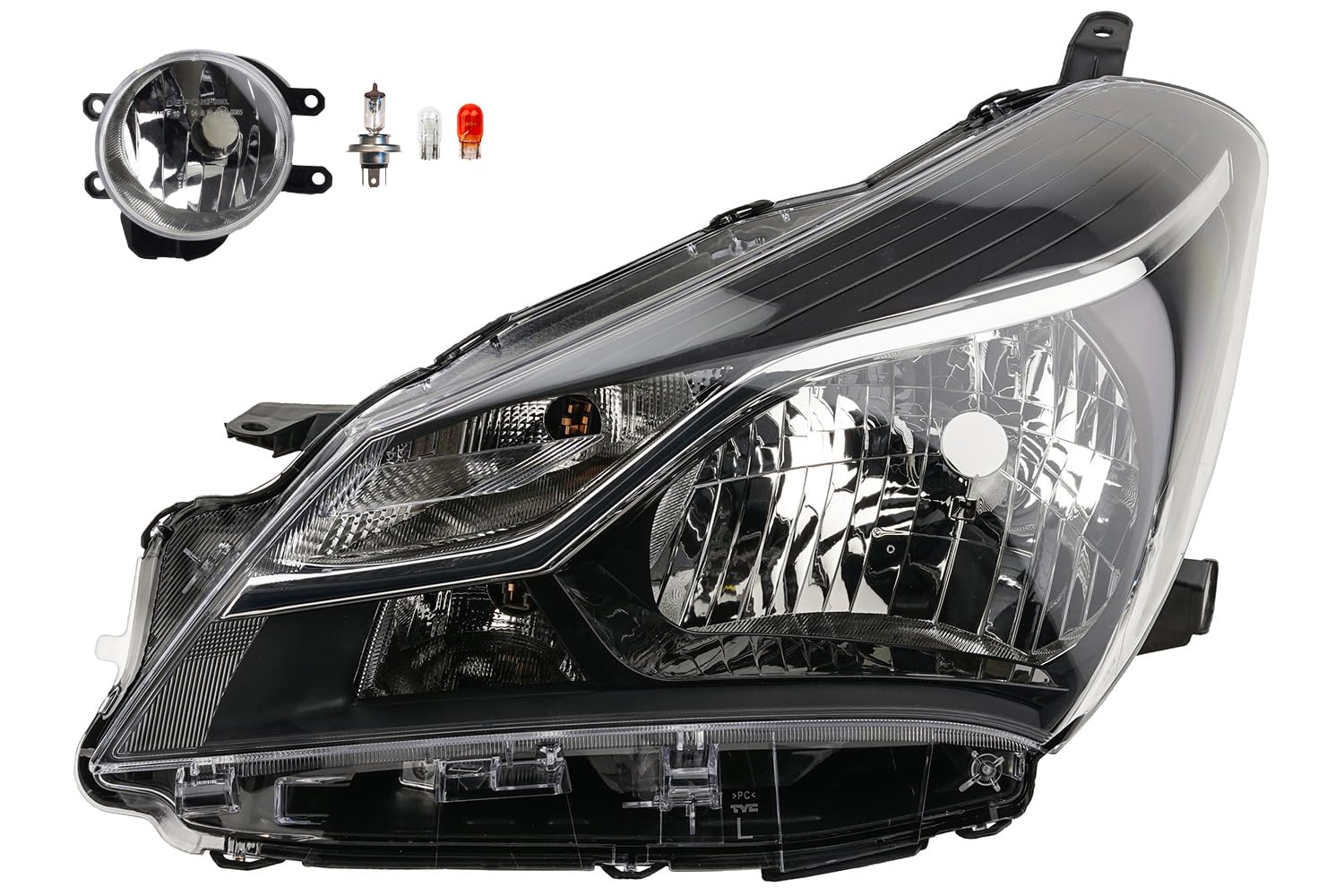 Johns, Faro halógeno apto para Toyota Yaris XP13 17 - H4 izquierdo con motor para LWR + faros antiniebla + bombilla