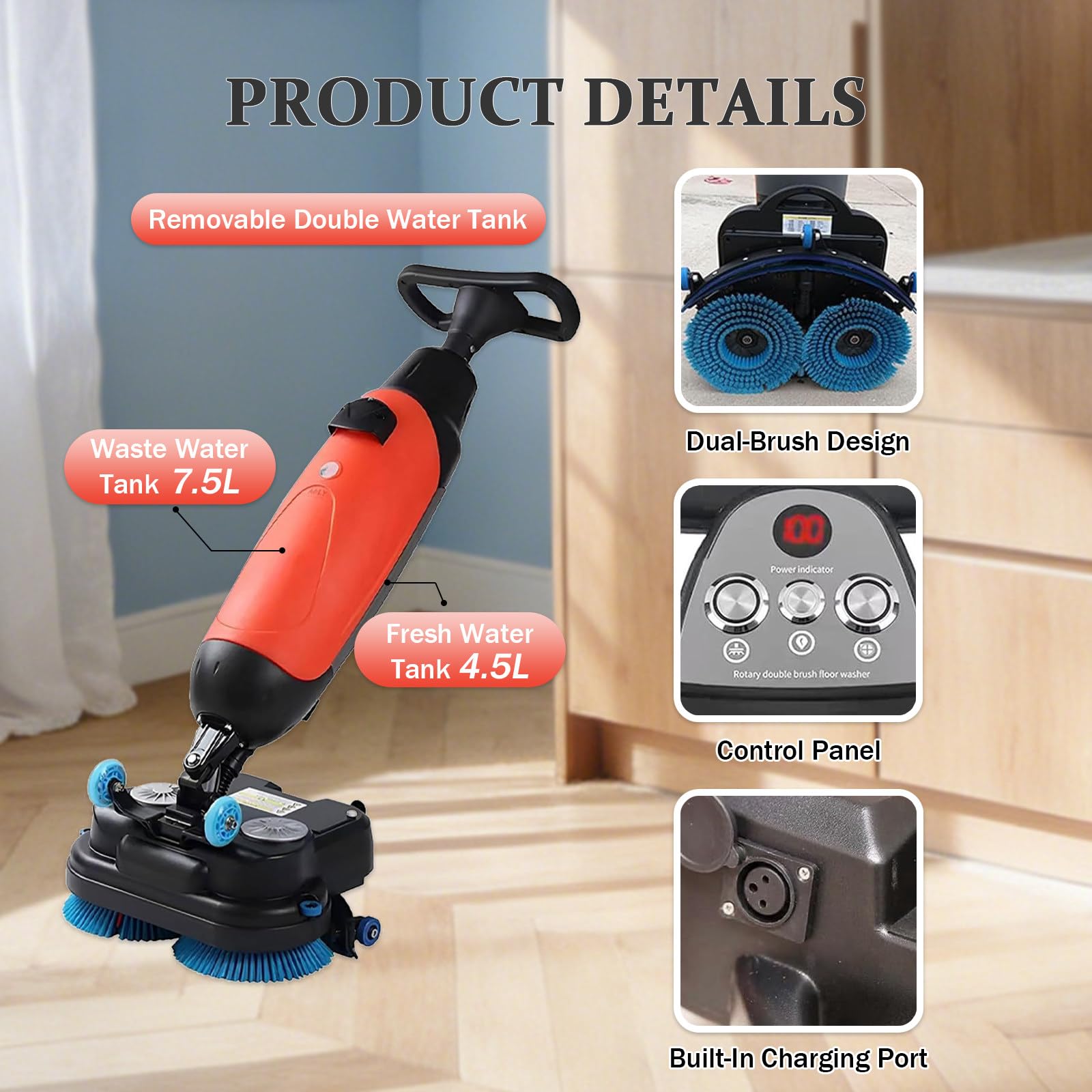 Autolaveuse Électrique Nettoyeur de Carreaux de Sol Électrique 350 TR/Min Vitesse de Brosse 1200m²/h Efficacité pour Magasins Entrepôts Bureaux Grey