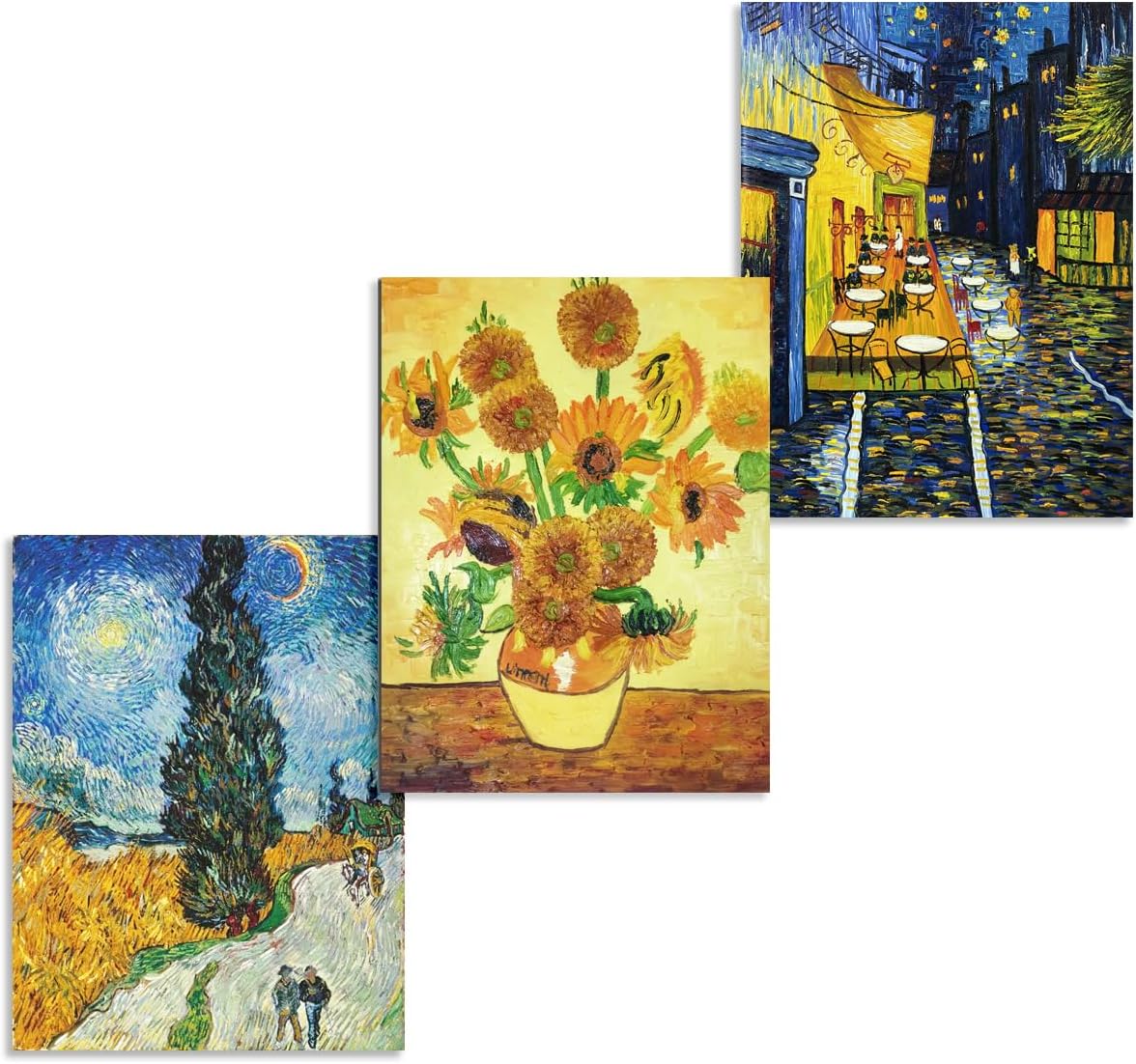 Hand Painted Oil Painting on Canvas Vincent Van Gogh's Famous Classic 3 Artworks Combination of 3 Pictures Wall Decor Framed Ready to Hang Canvas 12x16inx3pcs