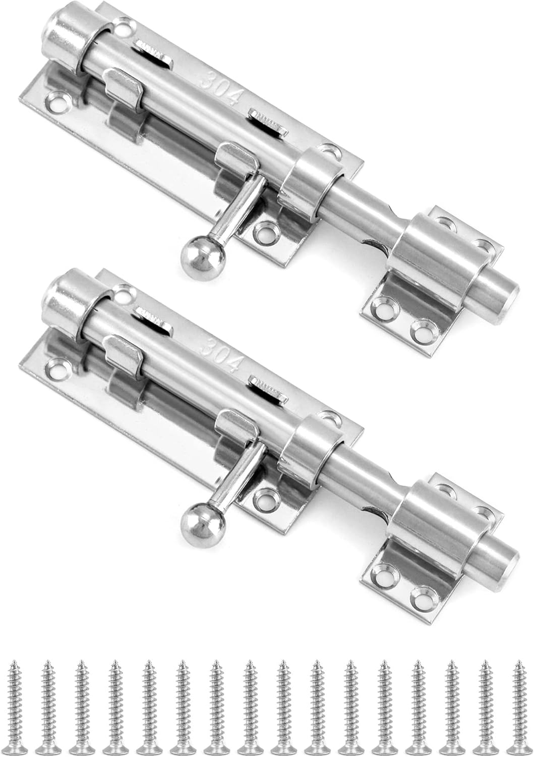 QWORK Sliding Bolt Gate Latch, Solid Gate Lock Security Guard, 2 Pack 6.3" 304 Stainless Steel Heavy Duty Thickened Barrel Bolt with Padlock Hole, Interior Door Latches Brushed Finish