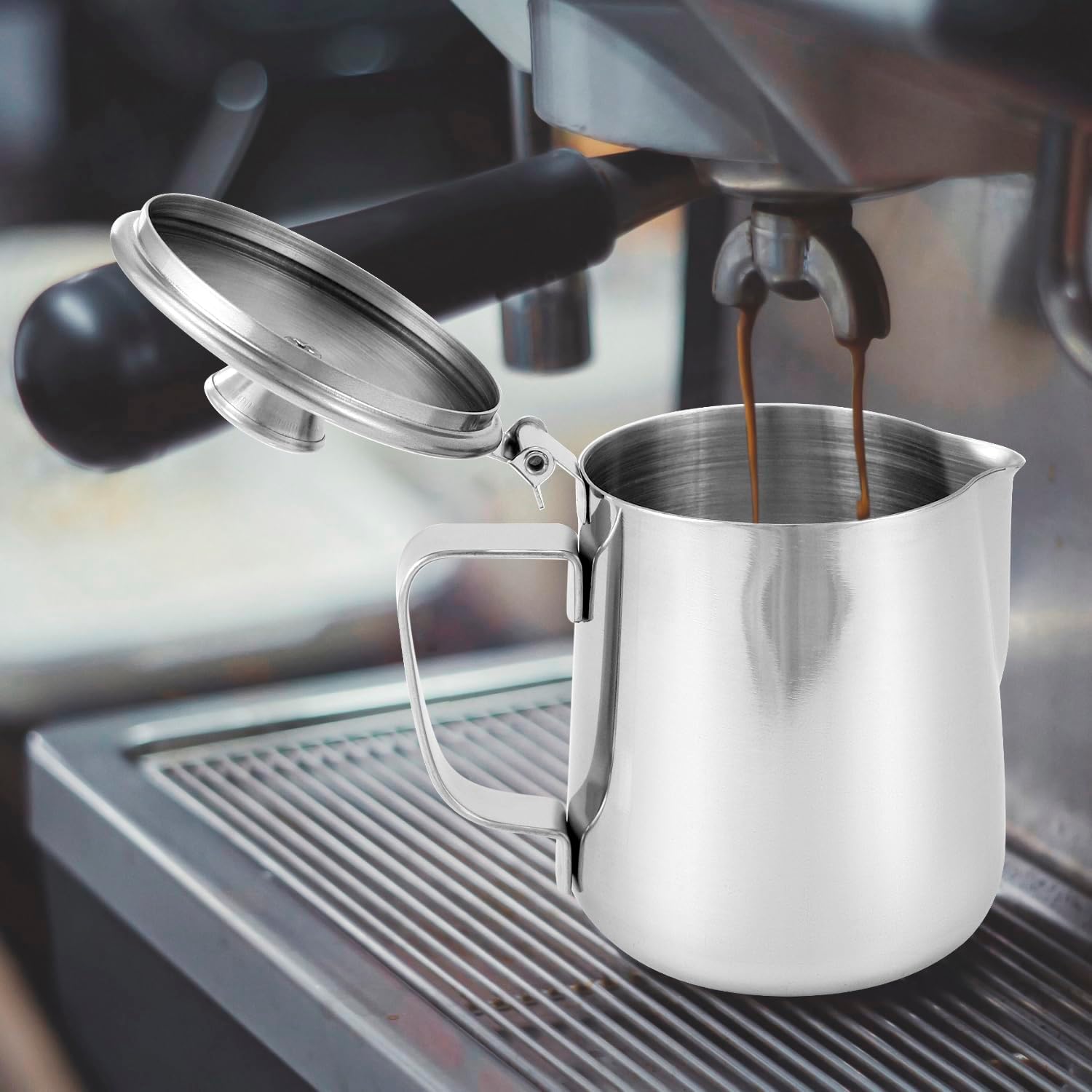 QWORK Stainless Steel Coffee Mug Milk Frothing Pitcher with Lid, 350ML, Dripless Spout, Ergonomic Handle, For Latte Coffee Art, Office and Kitchen, 2 Pcs