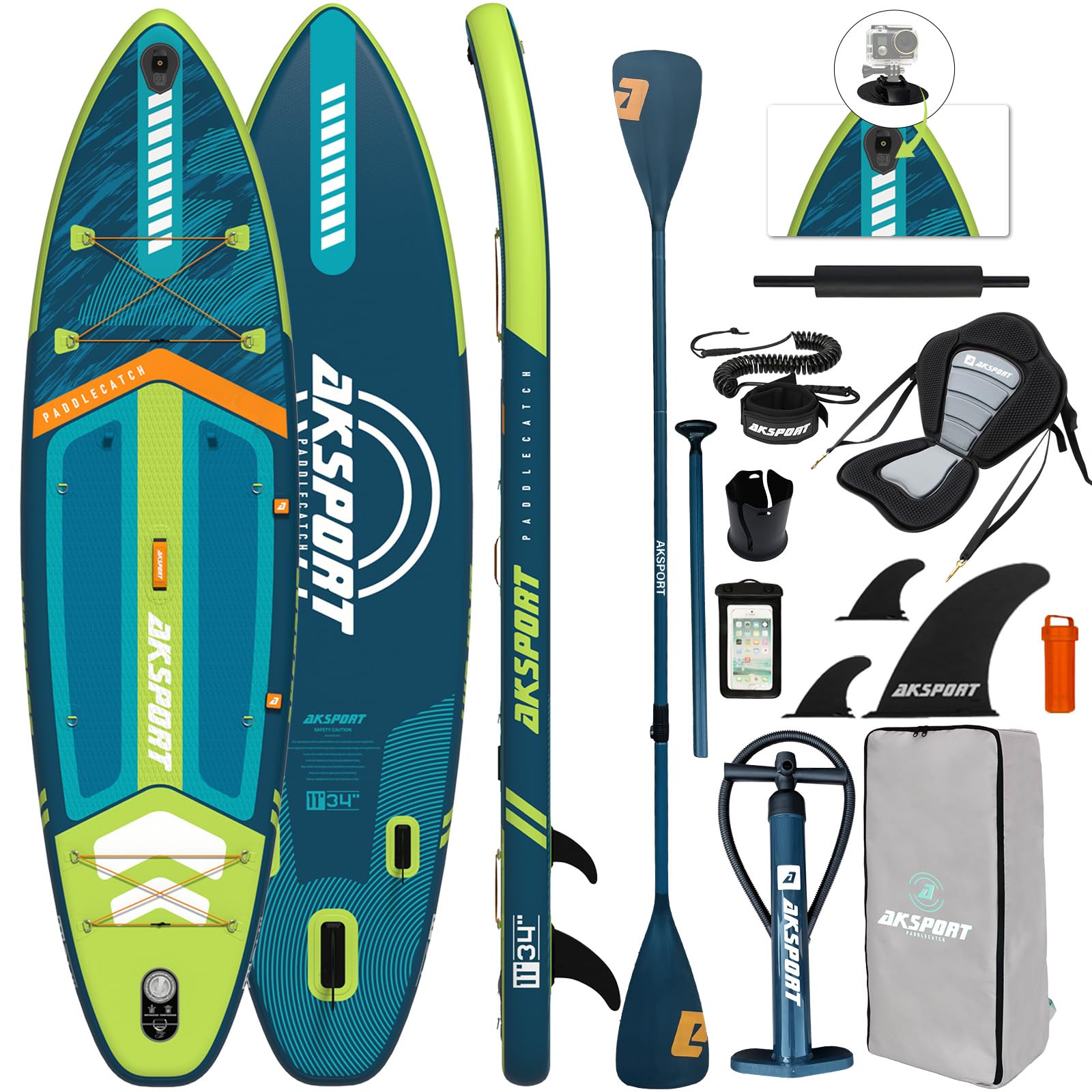 AKSPORT Tabla de Paddle Surf Hinchable 11' con Kit de Accesorios Premium | Diseño Extra Ancho 34" | Superficie Antideslizante | Ideal para Adultos y Jóvenes de Todos los Niveles