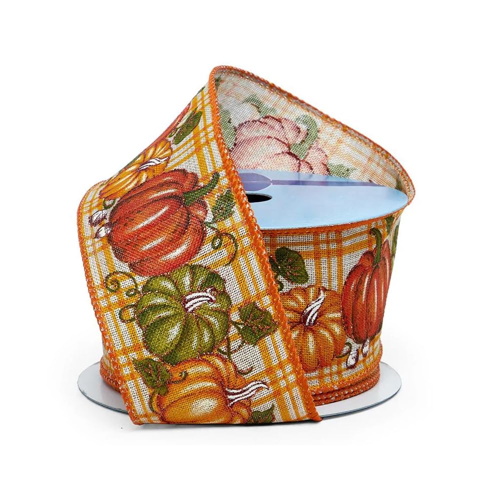 Fall Pumpkin Plaid Ribbon Wired Burlap - 2 1/2" x 10 Yards, Moss, Ivory & Rust, Fall Decor, Thanksgiving, Garland, Christmas Presents Decoration,