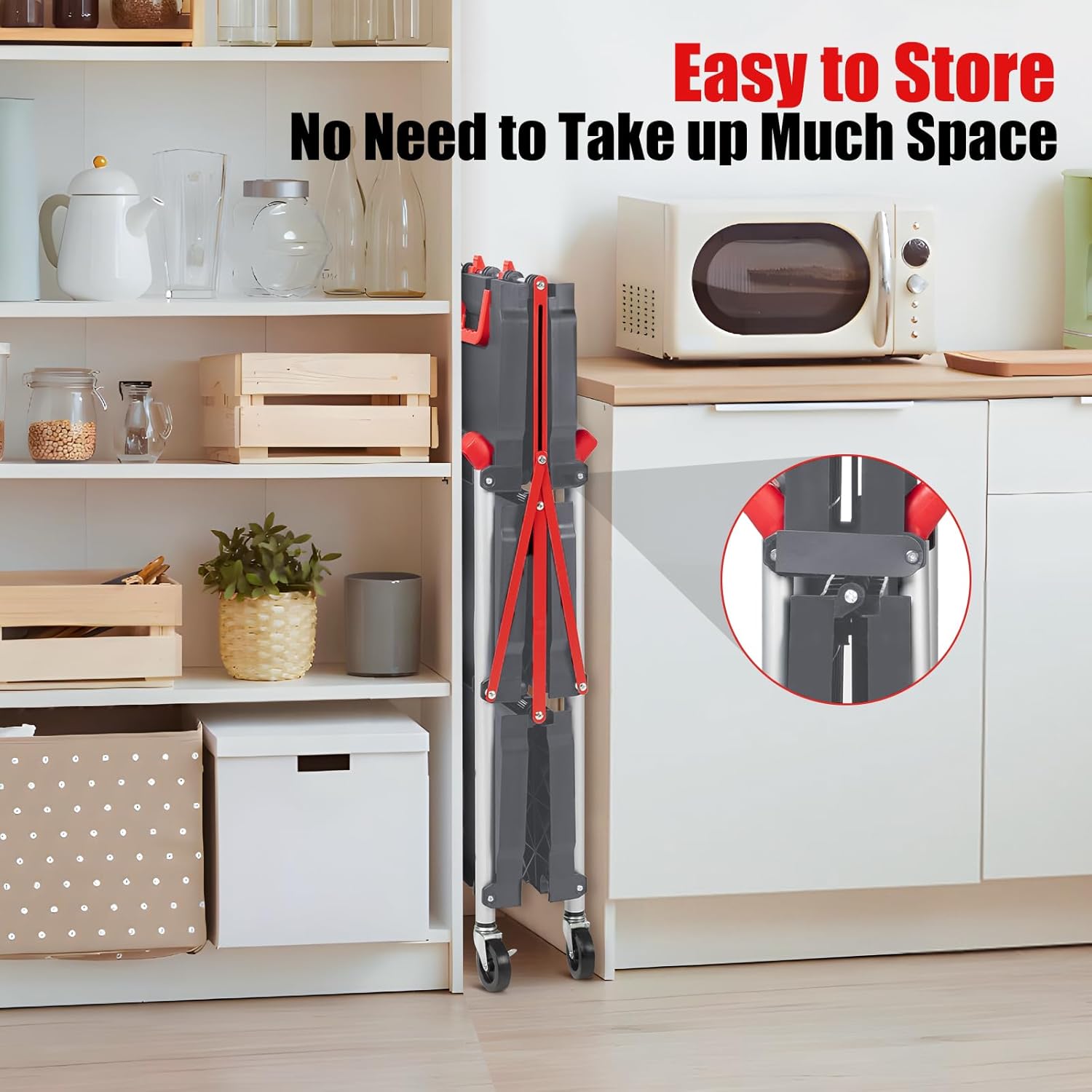 Close-up of the Garvee utility cart's 360-degree swivel casters, two of which have brakes, suitable for various terrains like gravel, lawn, mud, and asphalt.