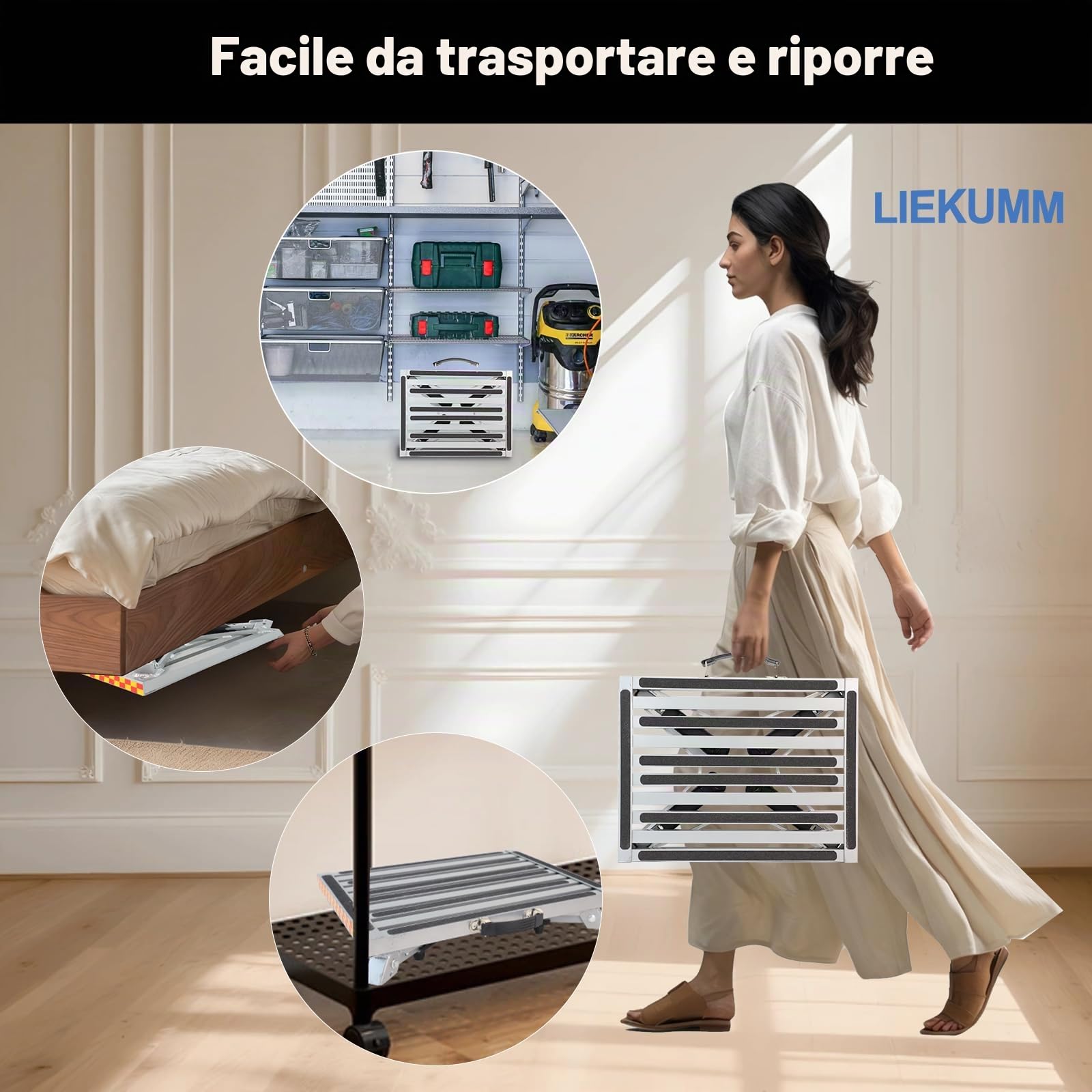 LIEKUMM Sgabello per Gradini, Pedana Pieghevole, 48 * 37cm piattaforma con piedini in gomma antiscivolo e altezza regolabile, capacità di 450KG piattaforma di lavoro