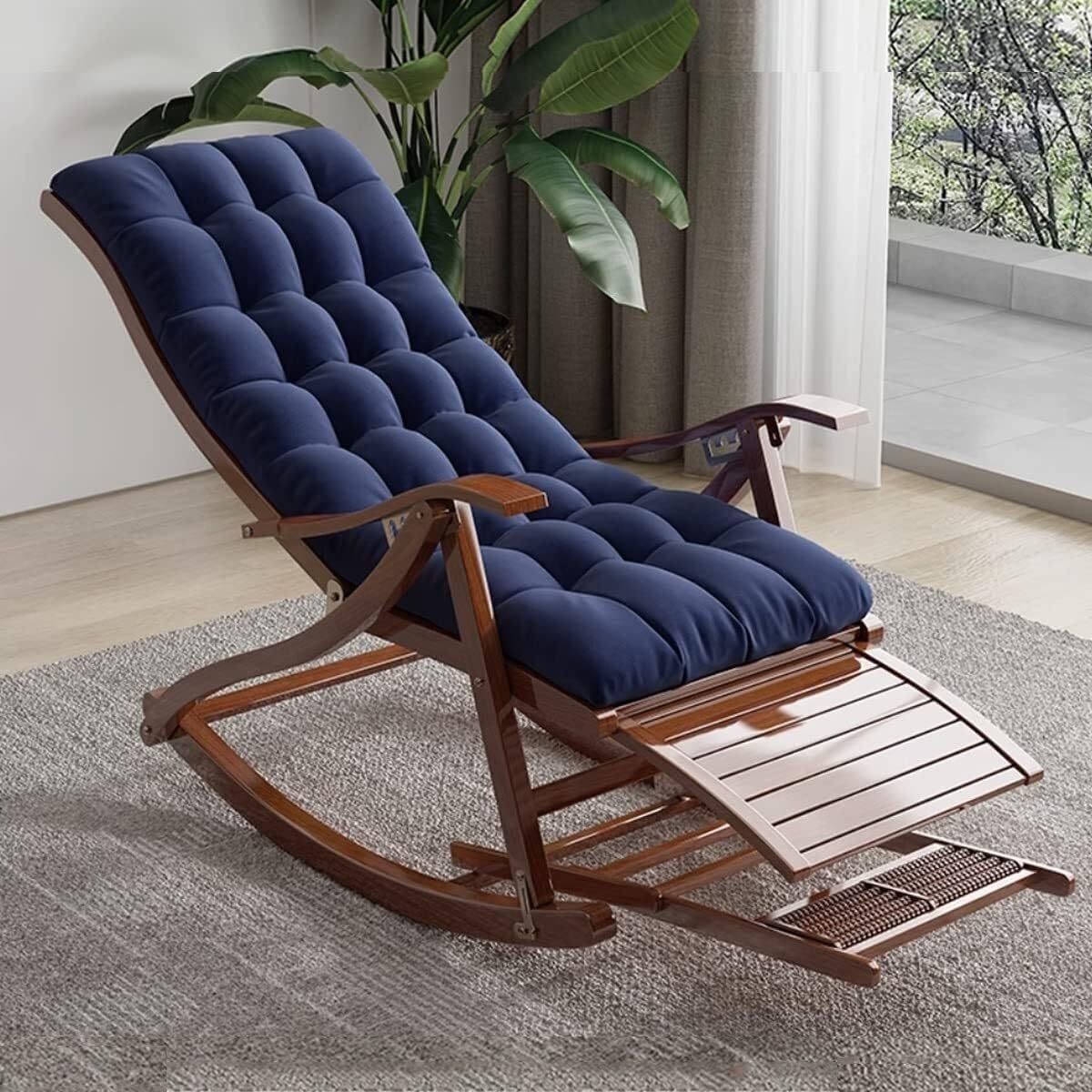 Fauteuil à bascule rembourré et pliable avec repose-pieds bleu pour relaxation