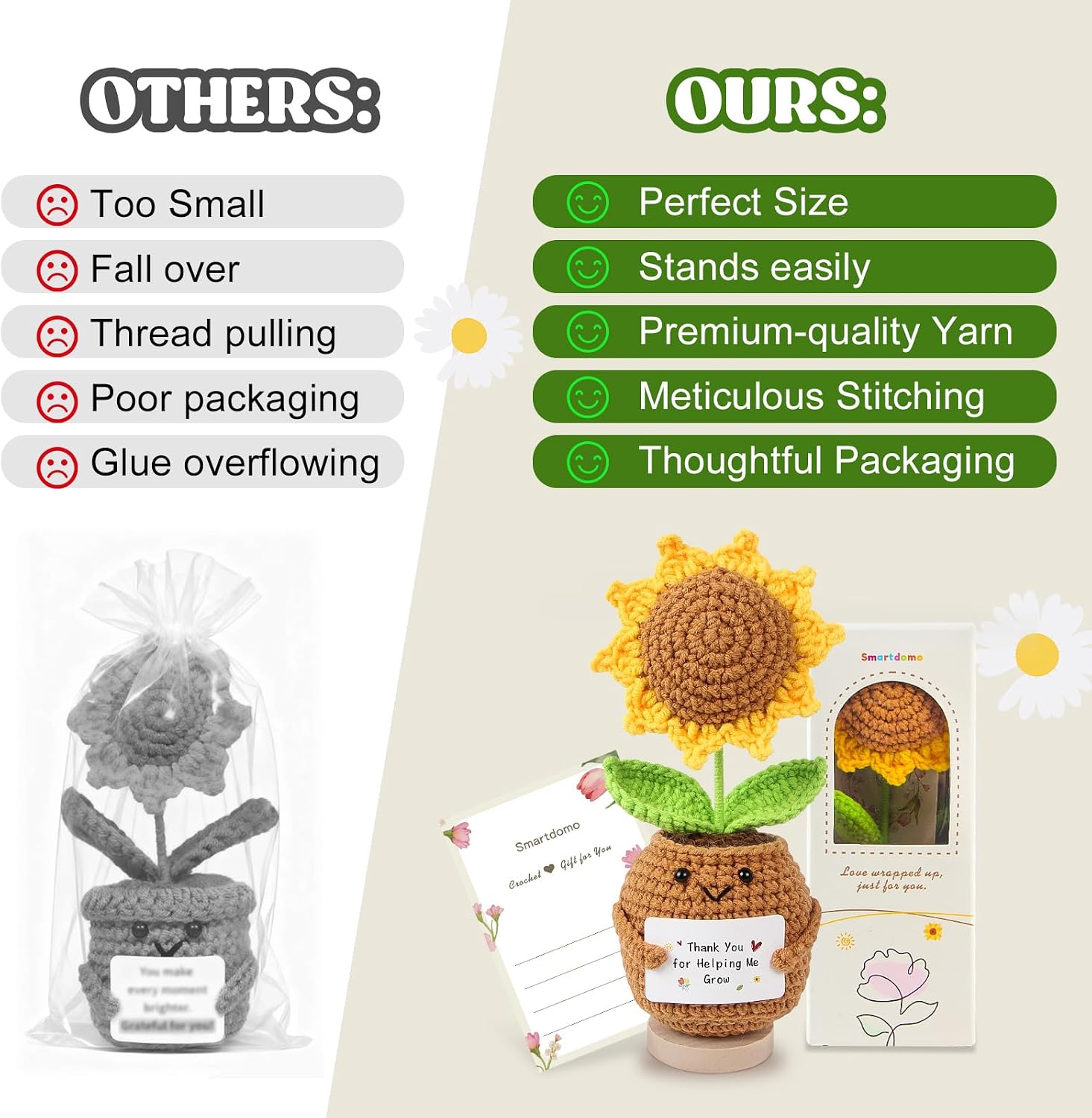 SmartDomo Teacher Appreciation Gifts, Handmade Cute Sunflower Crochet Gift with Card Thank You for Helping Me Grow, Graduation Retirement Birthday Thank You Gifts for Teachers Coworkers Boss Women Men