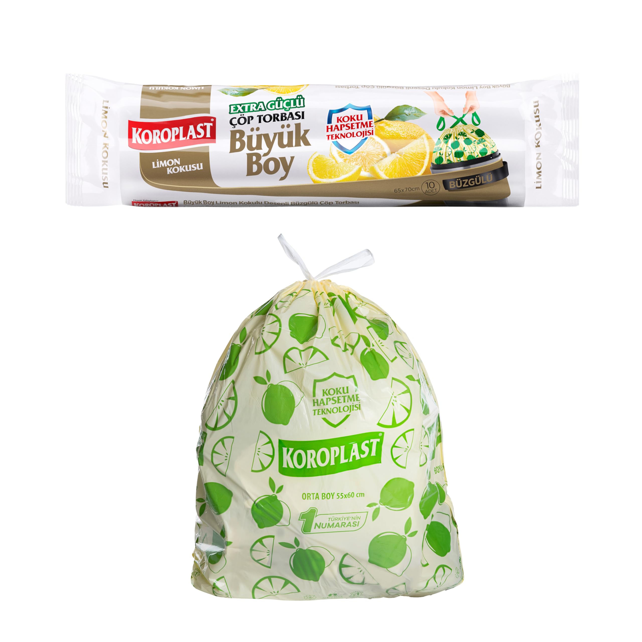 Koroplast Limon Kokulu Büyük Boy Büzgülü Çöp Poşeti 10'lu 65x67 cm, Kolay Bağlanır Kokulu Büzgülü Büyük Boy Çöp Torbası, Sızdırmaz Yırtılmaz, Geri Dönüştürülebilir Atık Torbası Ekstra Güçlü Çöp Poşeti