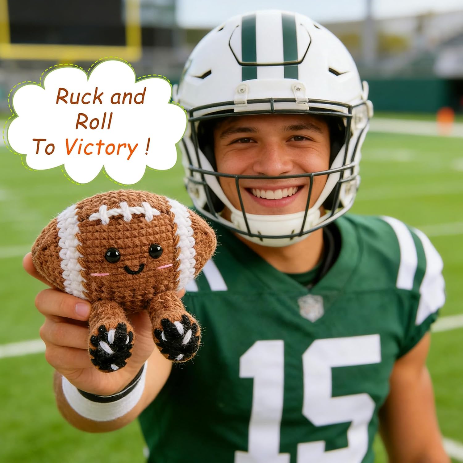 Positive Football Crochet Gifts for Men Dad, Inspirational Knitted Rugby with Encouragement Card&Card, Funny Sports Fan Office Desk Decor, Team Coach Bag Charm Accessory image 2