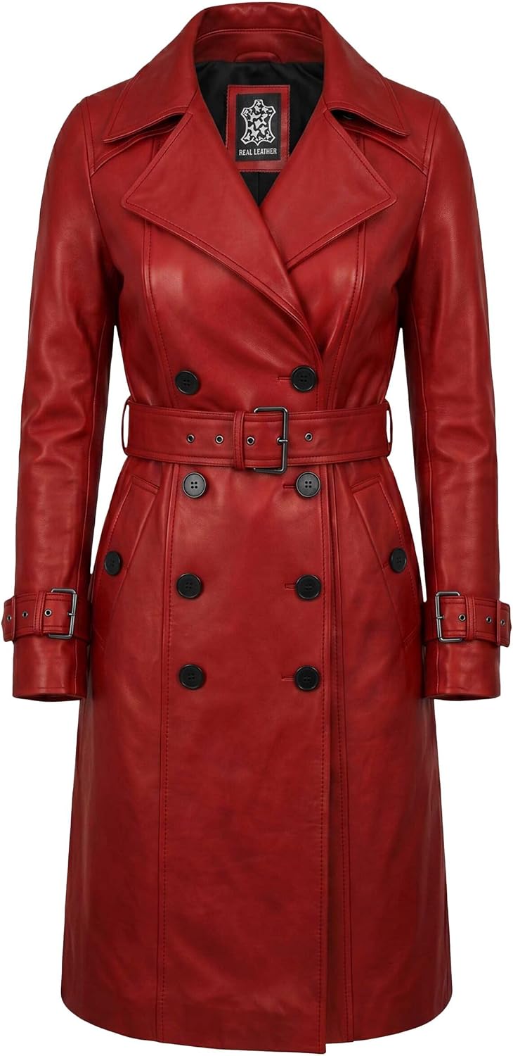 J'Jackin Womens Lambskin Leather Long Trench Coat Double Breasted with Belt