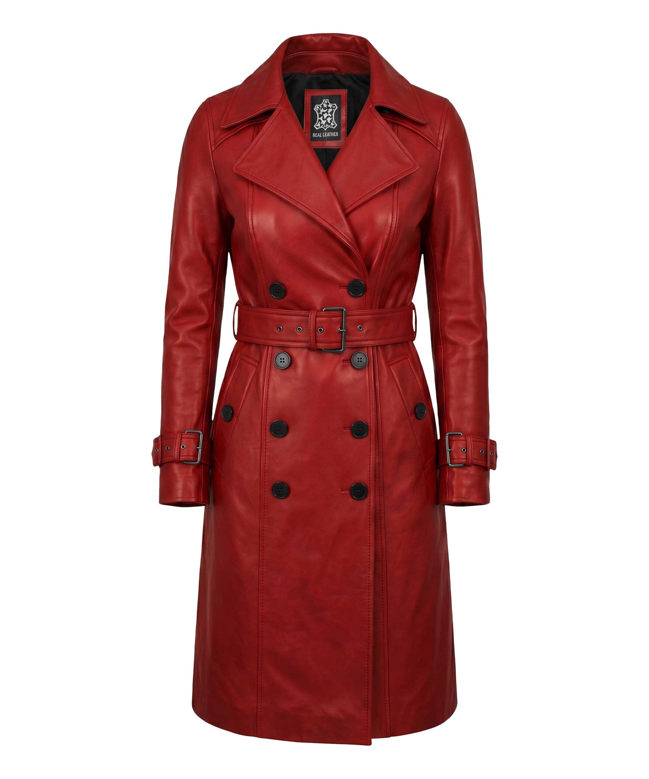 Womens Lambskin Leather Long Trench Coat Double Breasted with Belt