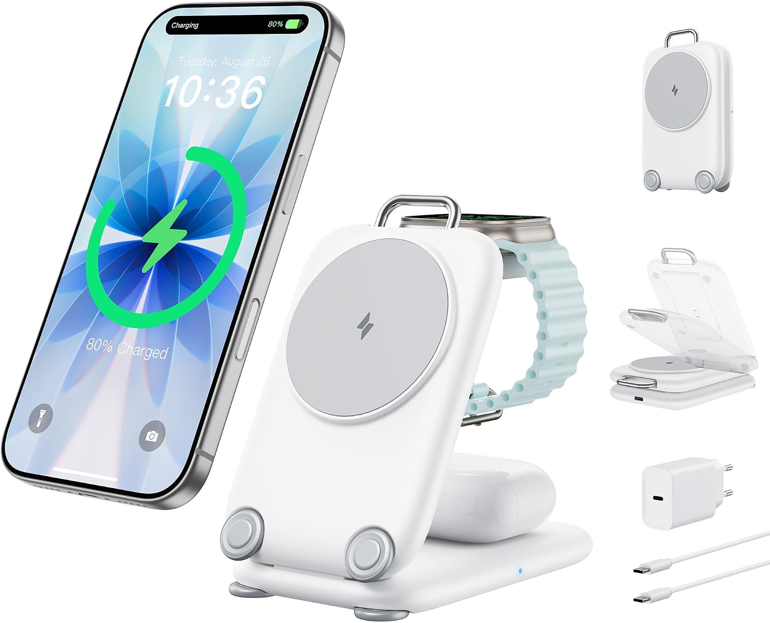 Mukiya Cargador inalámbrico Estacion de Carga portatil Cargador magnetico Plegable Cargador 3 en 1 Compatible con iPhone 17,16,15,14,13,12, Apple Watch y AirPods 4,3,2,Pro