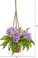 Vista 2 de Nearly Natural Cesta colgante artificial de orquídea y helecho Phalaenopsis de 29 pulgadas, plantas de seda, color morado