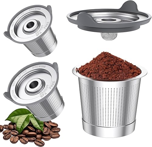 ComfortGrip K Cups reutilizables, paquete de 3 cápsulas de café de acero inoxidable con tapa de silicona antiquemaduras, sin BPA, filtro fácil de