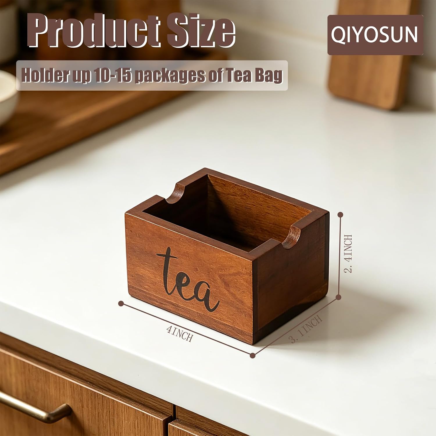 Acacia WoodenTea Storage Containers, Farmhouse Tea Bag Caddy Box, Sugar Packet Holder for Sugar, Beverage Supplies, Sweeteners, Individual Packets (Brown, 4 Inch) image 2