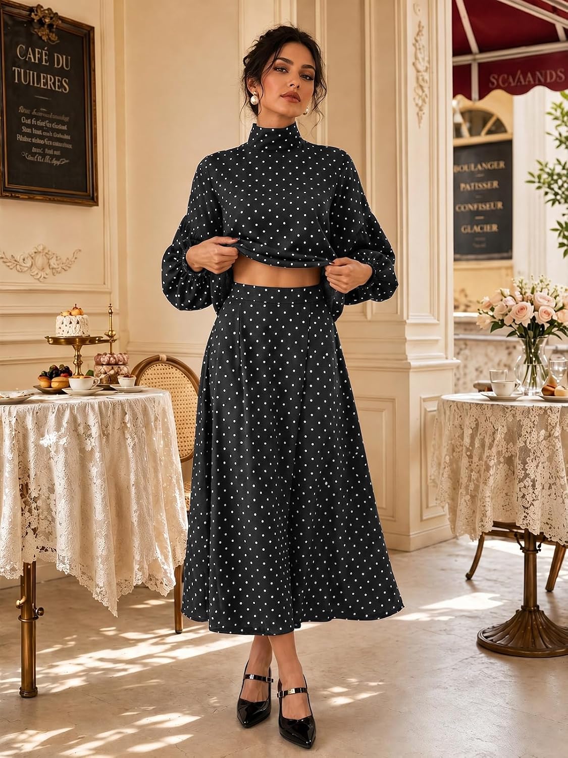 Wenrine Womens 2 Piece Outfits Polka Dots Elegant Tie Fall Maxi Skirt Sets | polka dots,tie bow,long sleeve,stand neck,high waist,elastic waist,flowy,a-line skirt,loose fit,elegant