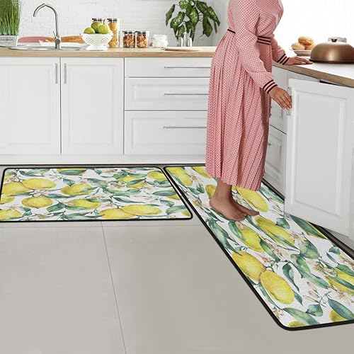 Miniatura 7 de Tapete de cocina con patrón de limón vintage, acolchado, antifatiga, juego de 2 piezas, duradero, resistente a las manchas, parte inferior