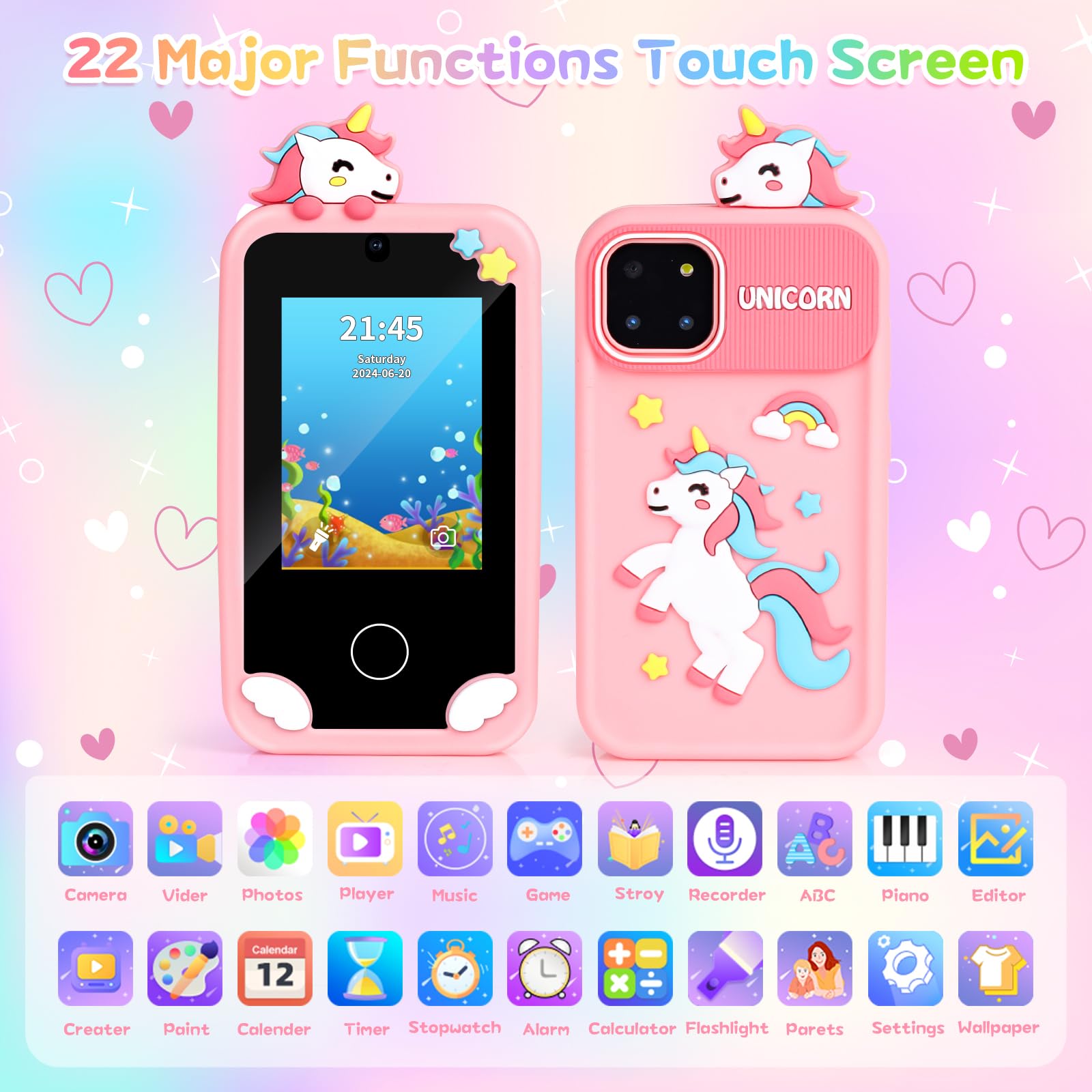 Ashfly Mobiele telefoon voor kinderen, mobiele telefoon, smartphone, Kerstmis, verjaardag, eenhoorn, cadeau, speelgoed voor meisjes van 3, 4, 5, 6, 7, 8, 9, 10 jaar, kerst- en verjaardagscadeaus met