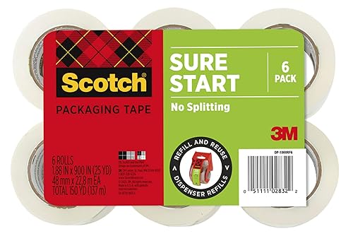 Scotch Sure Start - Cinta de embalaje de 6 unidades, rollos de 1.88 pulgadas x 25 yardas, silenciosa, fácil de desenrollar, sello fuerte para cajas