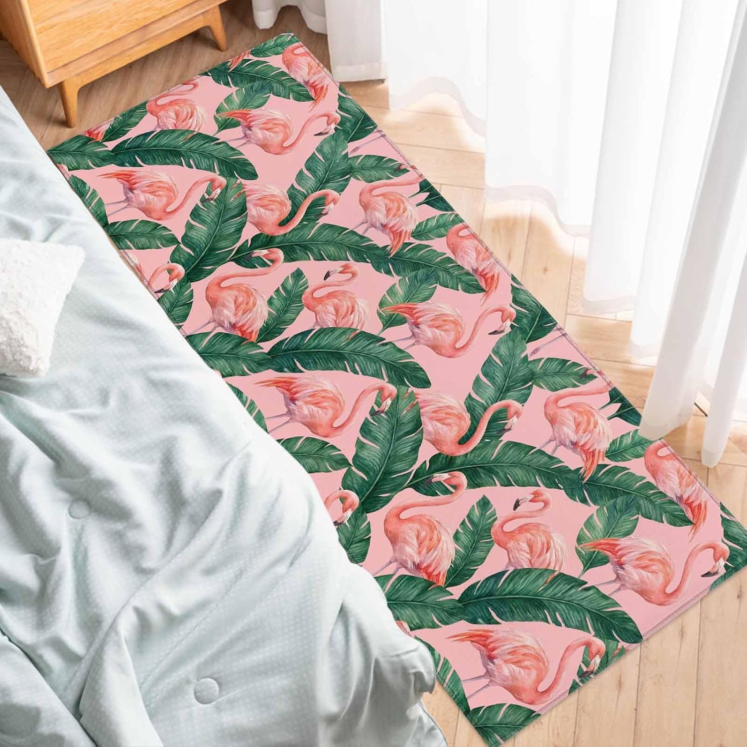 Teamery Kitchen Mats for Floor Watercolor Flamingo Palm Leaves Washable Non Slip Kitchen Rugs 1PCS, Animal Leaf Plant on Pink Absorbent Standing Mats for Sink Bathroom Office Living Room 23.6x70.9in
