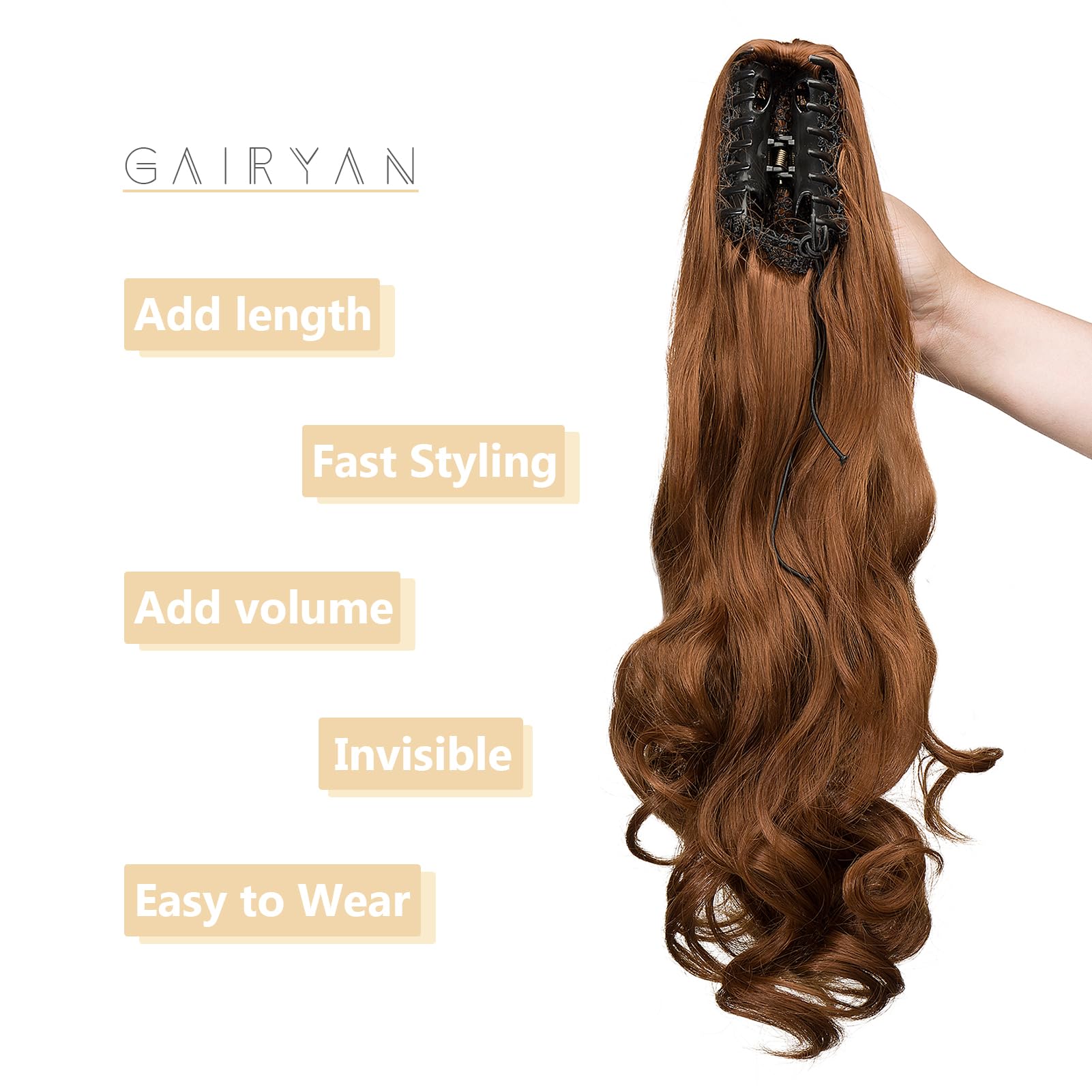 Gairyan 20inch Ponytail Extension Clip in Ponytail Hair Extensions Curly Wavy Pony Tails Claw on Ponytail Long Wave Synthetic Hairpieces for Women Soft Real Look (Light Auburn) - Image 4