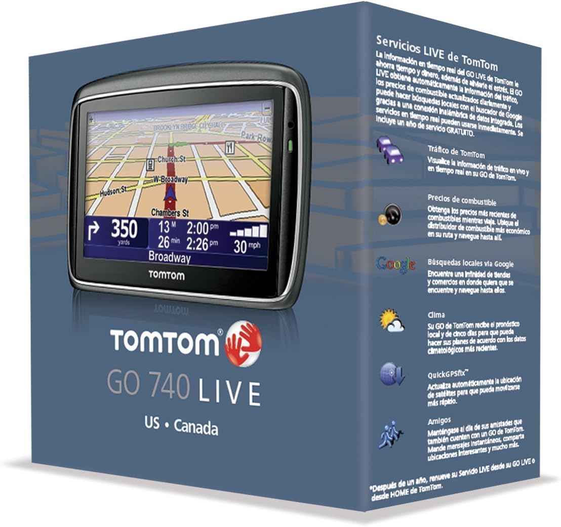 TomTom GO 740 Live product box showing the device and key features.