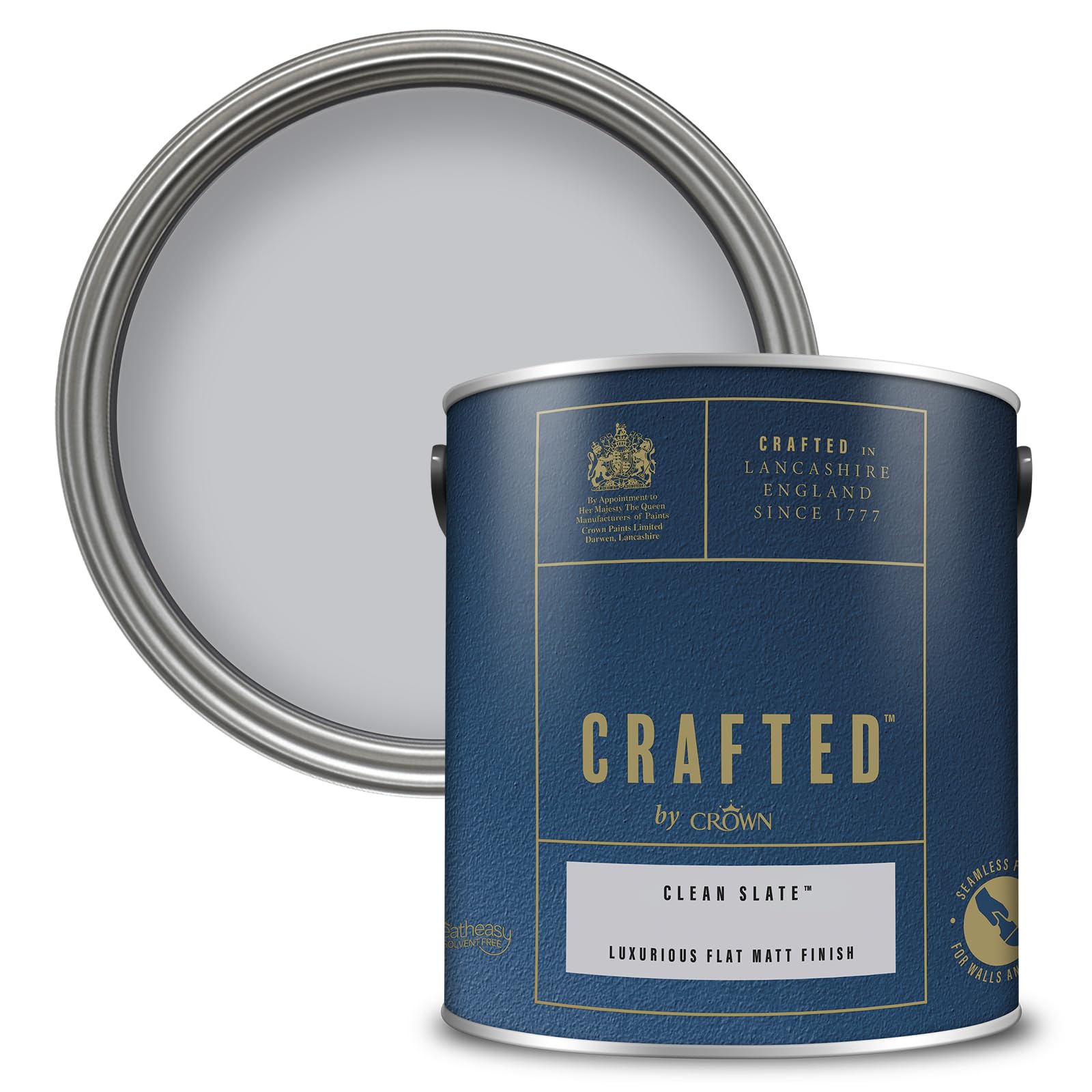 Crown Paint CRAFTED Clean Slate Velvety Flat Matt Emulsion Paint - Mid Grey Finish - Use on Walls, Ceilings and Wood - Luxurious, Thick and Creamy, Low Odour - 2.5L