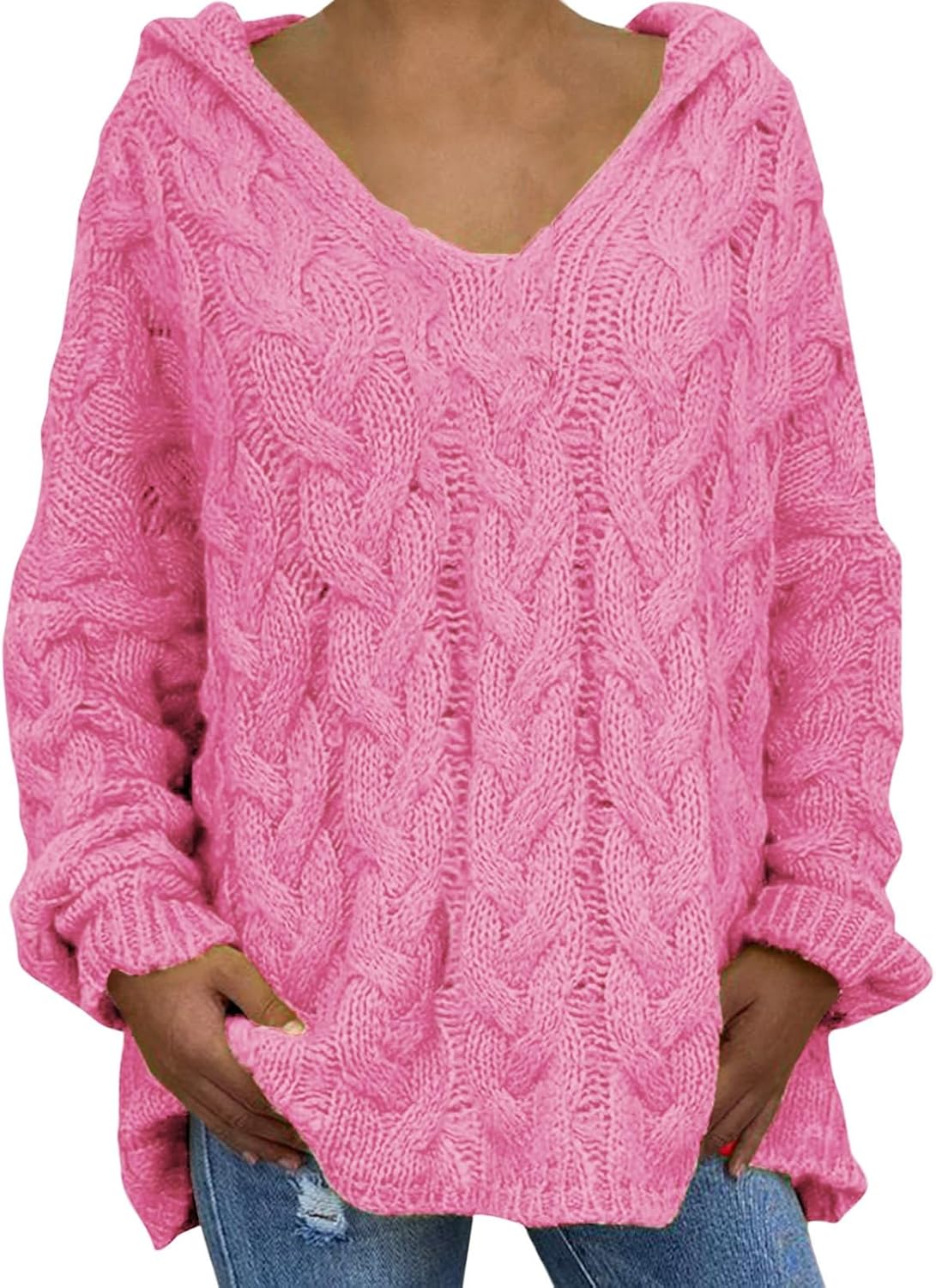 Heevina Sweaters for Women Hooded Knitted Knit Solid Cable Hoodie Long Sleeve Chunky V Neck Hoodies Base Top Jumpers