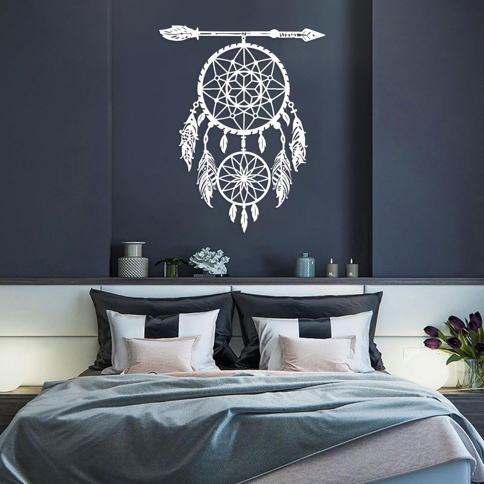 Atrapasueños de Metal Negro, decoración de Pared de Metal, Arte Nativo Americano Bohemio de Metal, Escultura Moderna Decorativa para Sala de Estar, Dormitorio, Pasillo y escaleras.