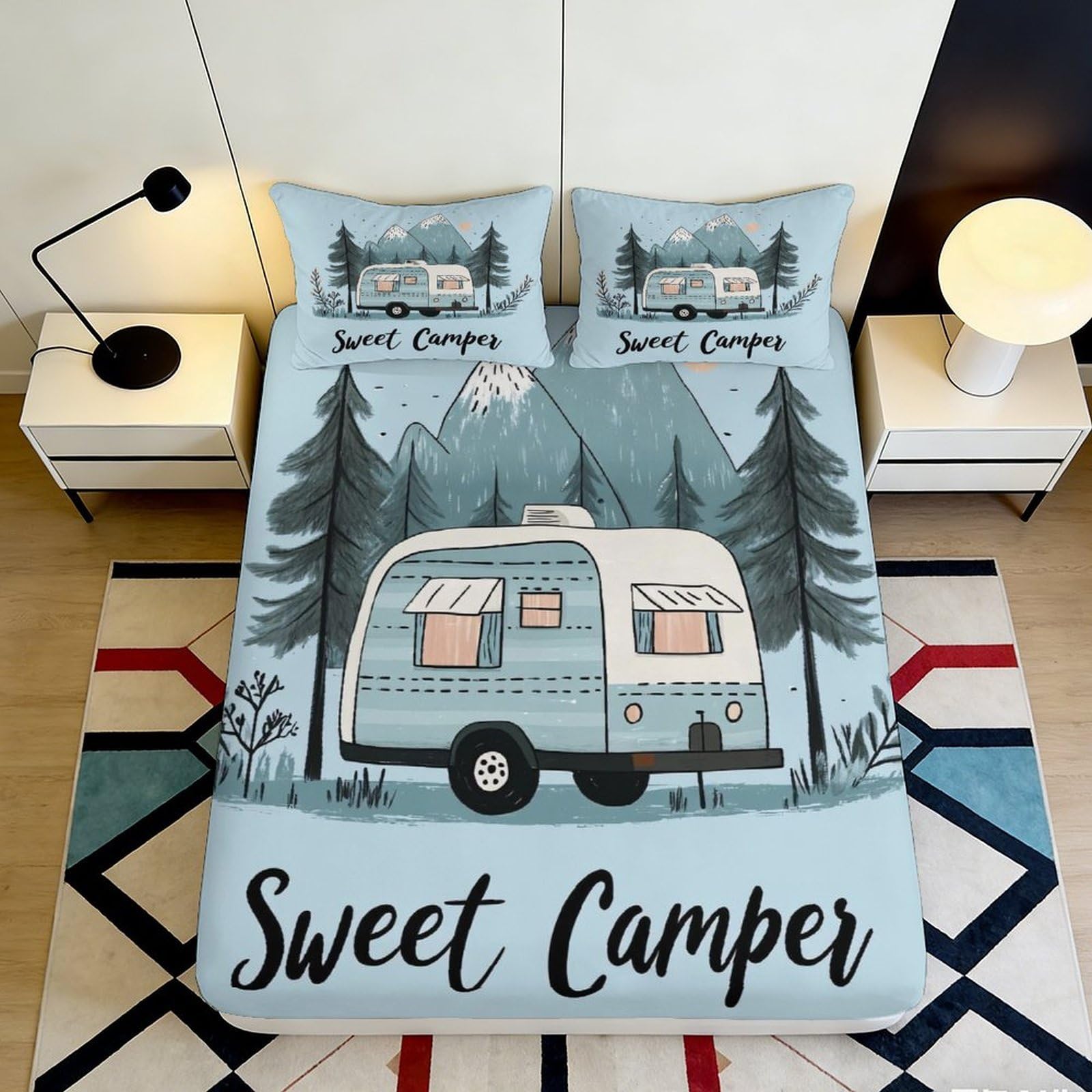 3D Printed Blue Camper Fitted Sheet Microfiber Forest Mountain Bed Cover for Bedroom Guest Room Mattress Decor 90x200x25cm