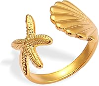 Jean Beau Gold Adjustable Stacking Ring for Women - Sparkly Rhinestone Starfish Statement Jewelry, Hypoallergenic Open Design Gift