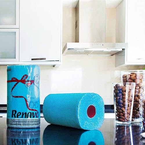 Miniatura 3 de Renova Paquete de toallas de papel azul, 1 rollo, 120 hojas, 2 capas, certificado FSC, sostenible y absorbente