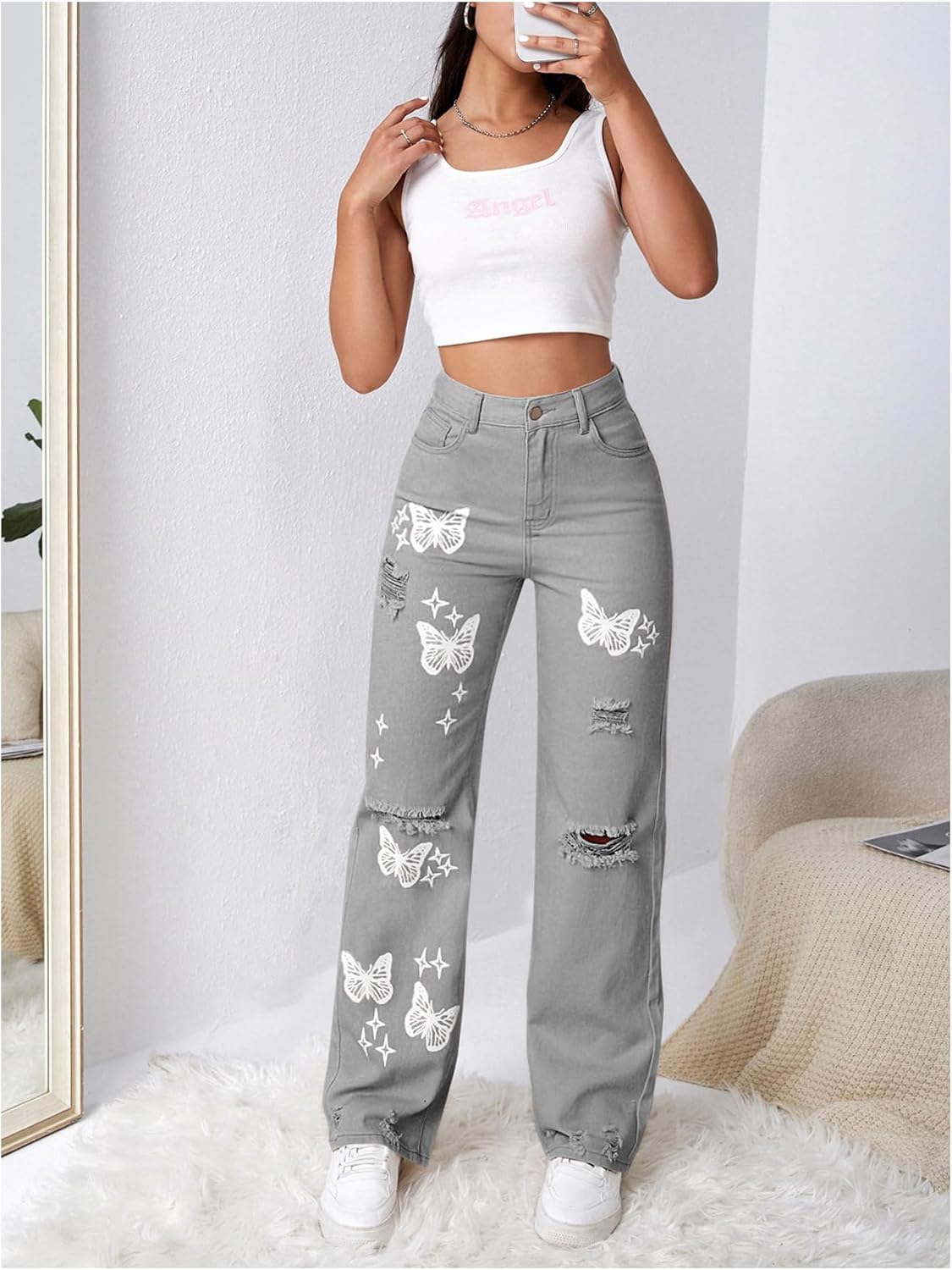 Floerns Women's Ripped High Waisted Butterfly Print Jeans Wide Leg Long Denim Pants - Image 5