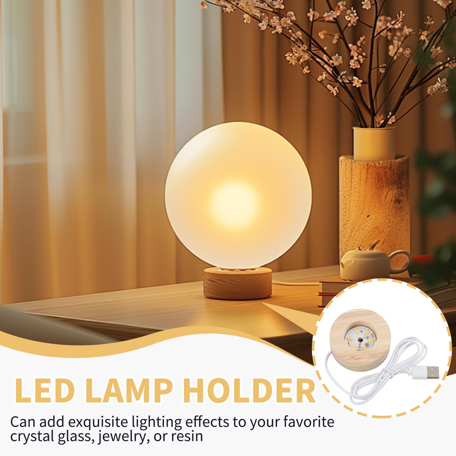 2 x Base luminosa a LED in legno, base luminosa a LED, rotonda, in legno, con USB, base di luce a LED per cristallo, vetro e resina, mini espositore luminoso per decorazione