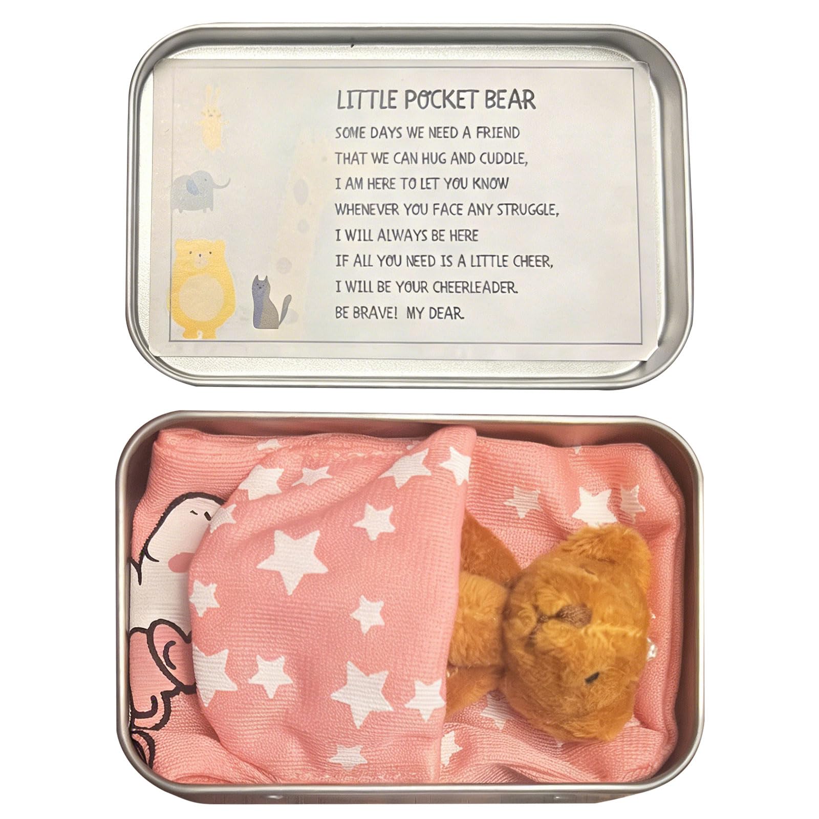 Copbopwn Mini Plush Pocket Bear Teddy in a Tin Box Small Teddy with Sleeping Bag Gift Card Little Pocket Bear Doll Hug Love Emotional Comfort Companion for Birthdays Christmas Kids Friends (Brown)