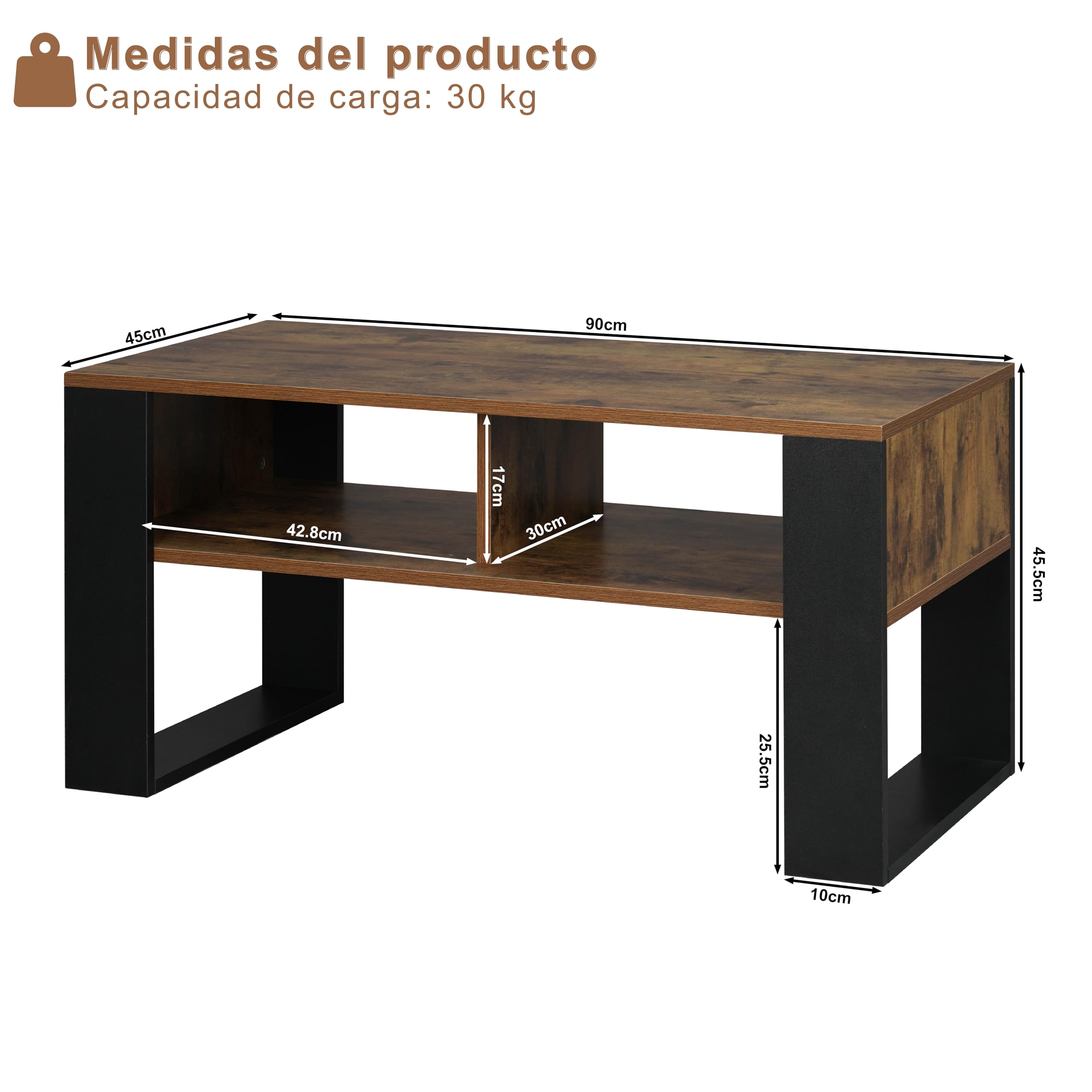 WOLTU Mesa de Centro, Mesita de Sofa con Comportamientos, Mesa Auxiliar con 2 Niveles, para Salon Balcon y Cafeteria, Marrón Rústico+Negro, 90x45x45cm, BTS16hov