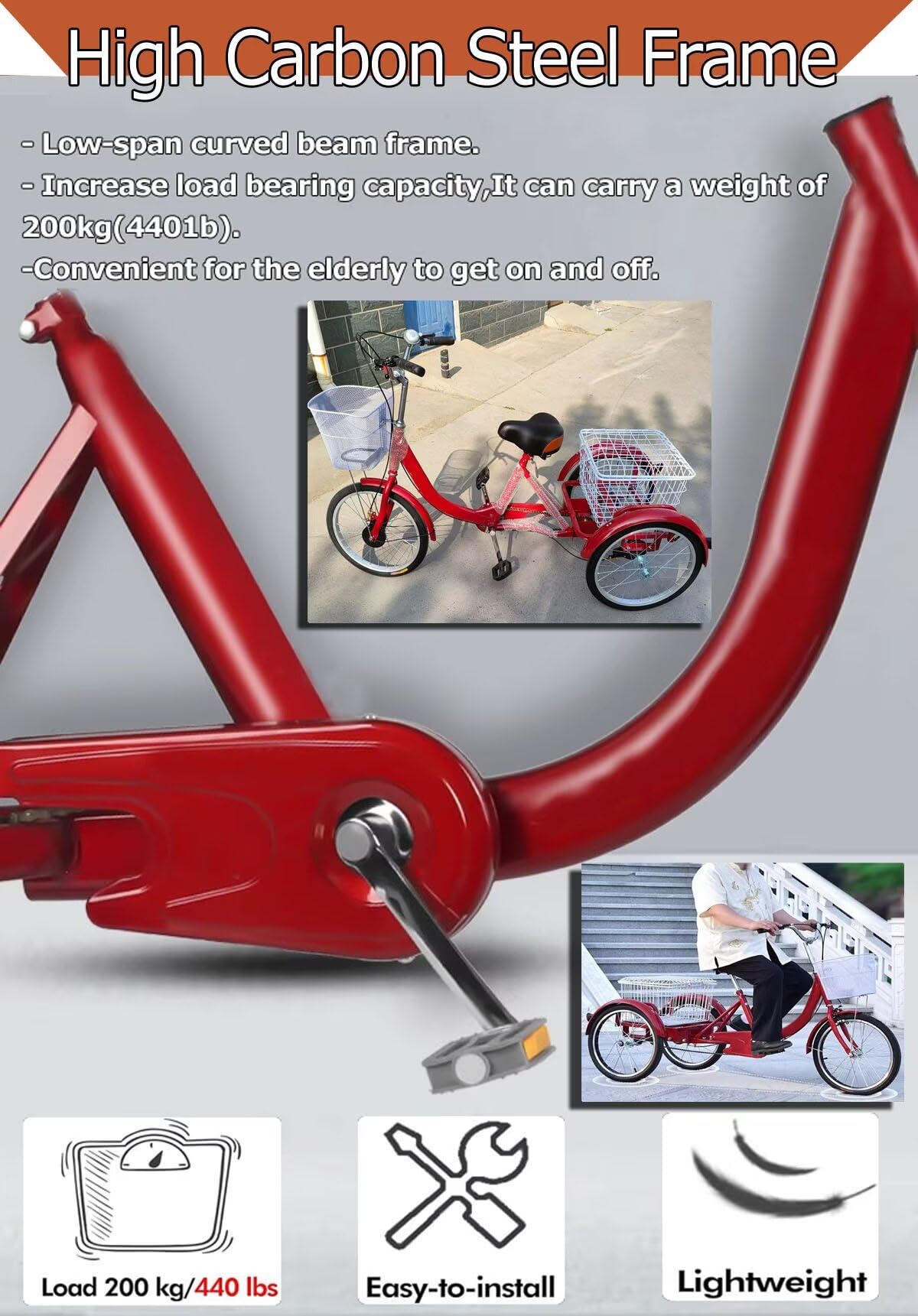 Bicicletta a tre ruote Trike for adulti a tre ruote, cestello da carico con freno a campana 18 pollici, telaio in acciaio al carbonio nero rosso(Red)