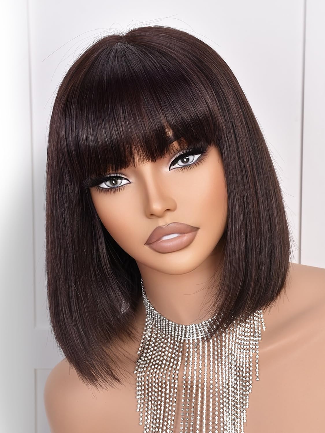 Bob Wigs Human Hair 210% Density bob Wig with Bangs Dark Brown 100% Human  Hair Wigs for Black Women Pre-Bleached Glueless Straight Bob