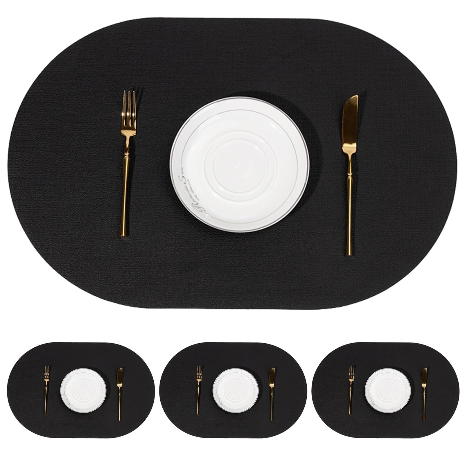 Set de table ovale en cuir noir par 4 pour repas chic