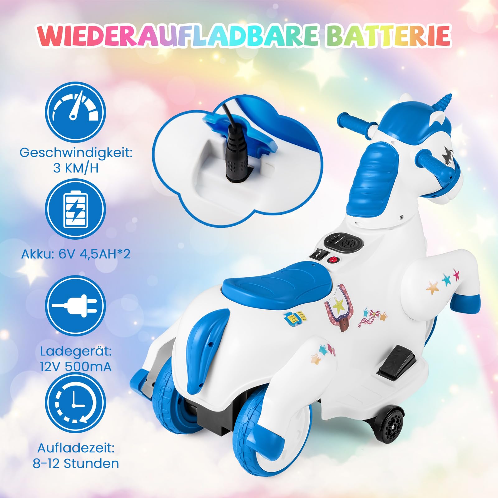 DREAMADE Kinder Elektroauto mit 2 Stützrädern, 3 km/h, Elektrisches Kinder Aufsitzauto mit Musik, Plüsch-Aufsitzspielzeug Kinderfahrzeug, Elektro Kinderauto für Kinder ab 3 Jahren (Blau)